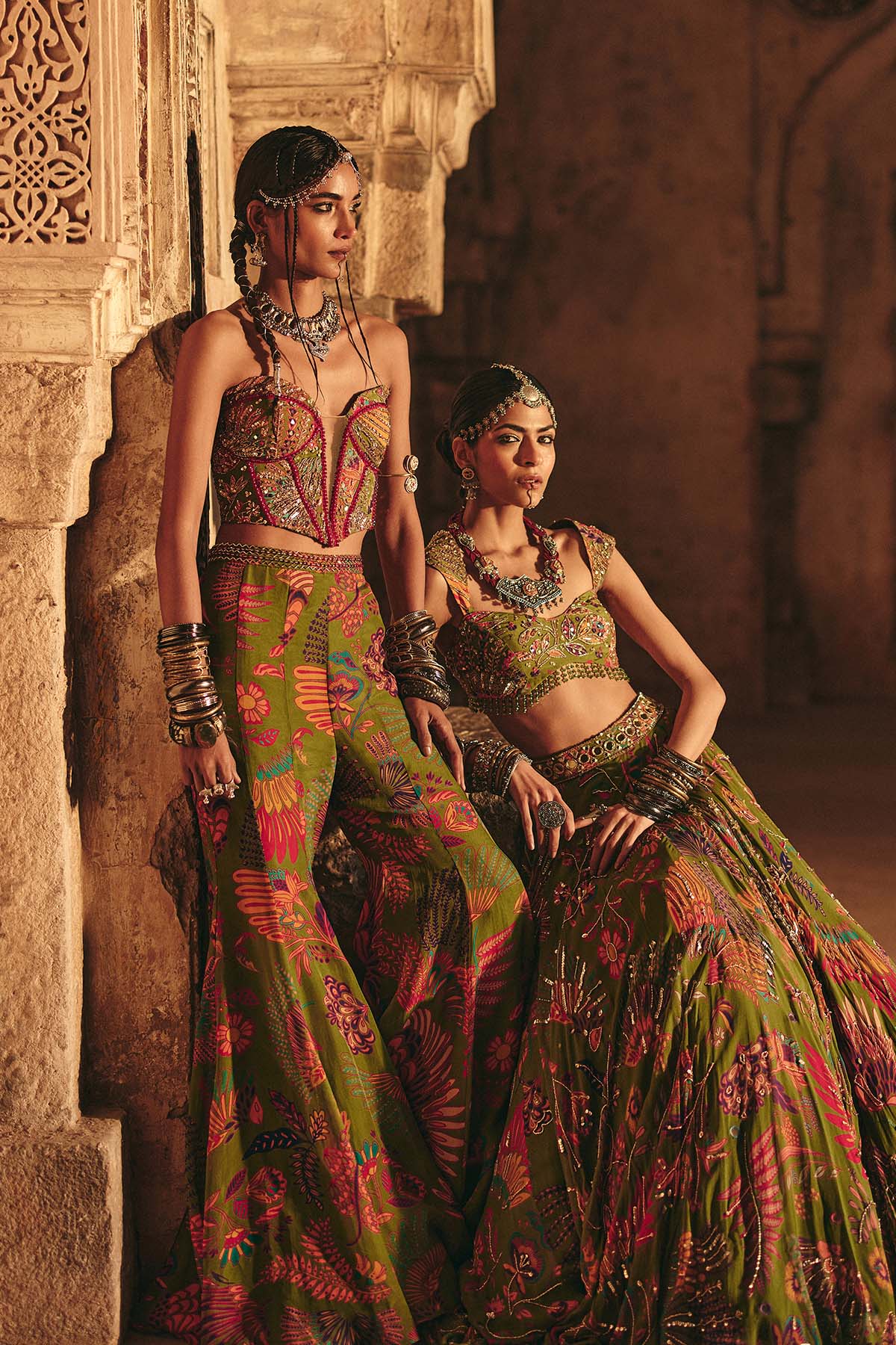 PEAR GREEN PRINTED HIGHLIGHTED BELL BOTTOM PANTS SET