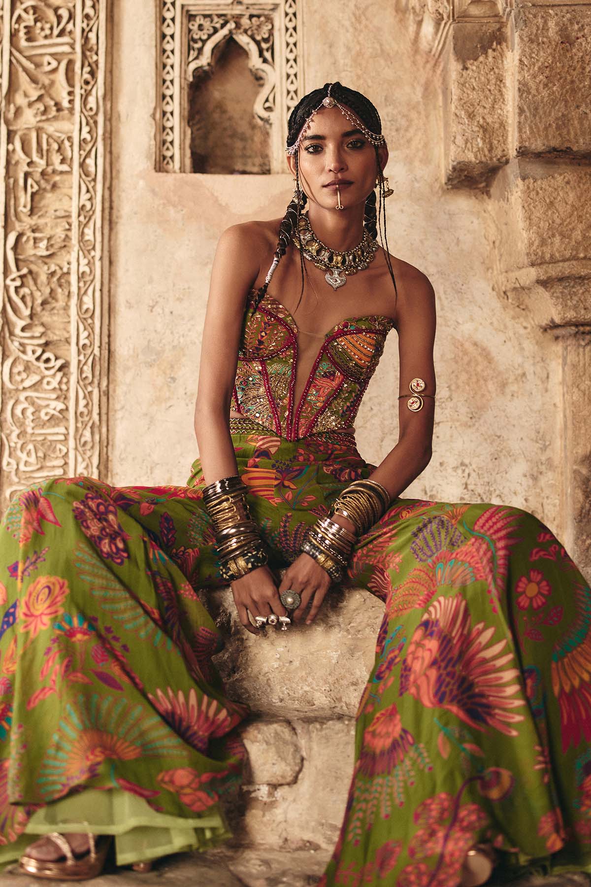 PEAR GREEN PRINTED HIGHLIGHTED BELL BOTTOM PANTS SET