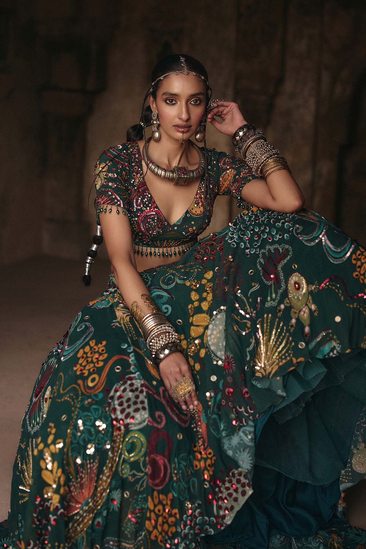 DARK GREEN PRINTED AND HIGHLIGHTED LEHENGA SET
