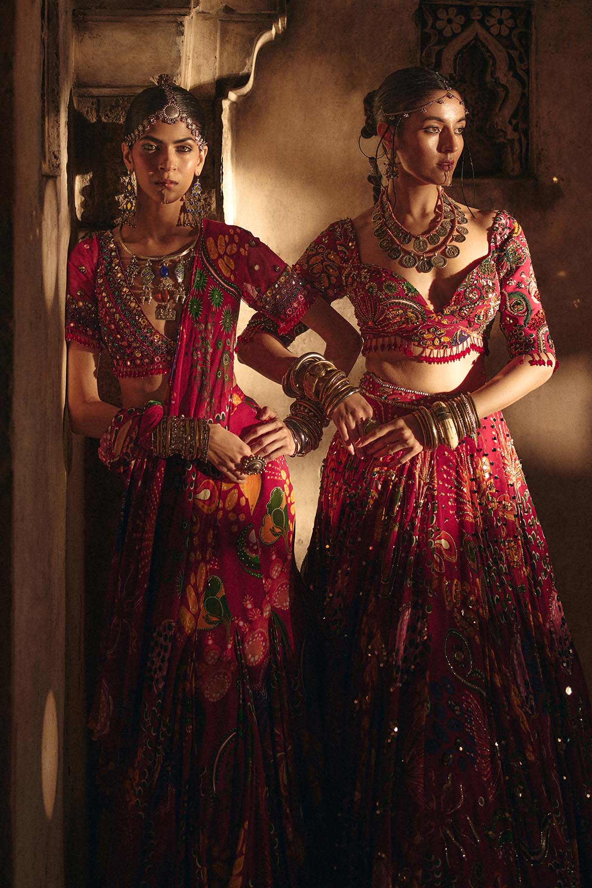 DEEP RED PRINTED AND HIGHLIGHTED LEHENGA SET
