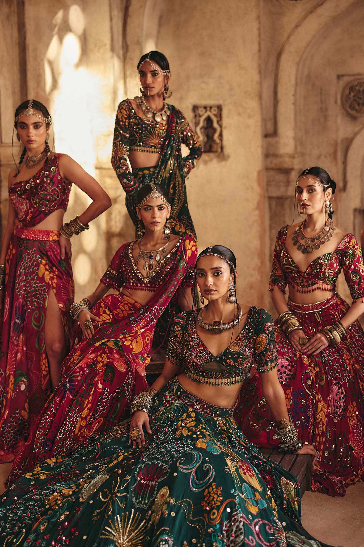 DARK GREEN PRINTED AND HIGHLIGHTED TIERED SKIRT SAREE SET