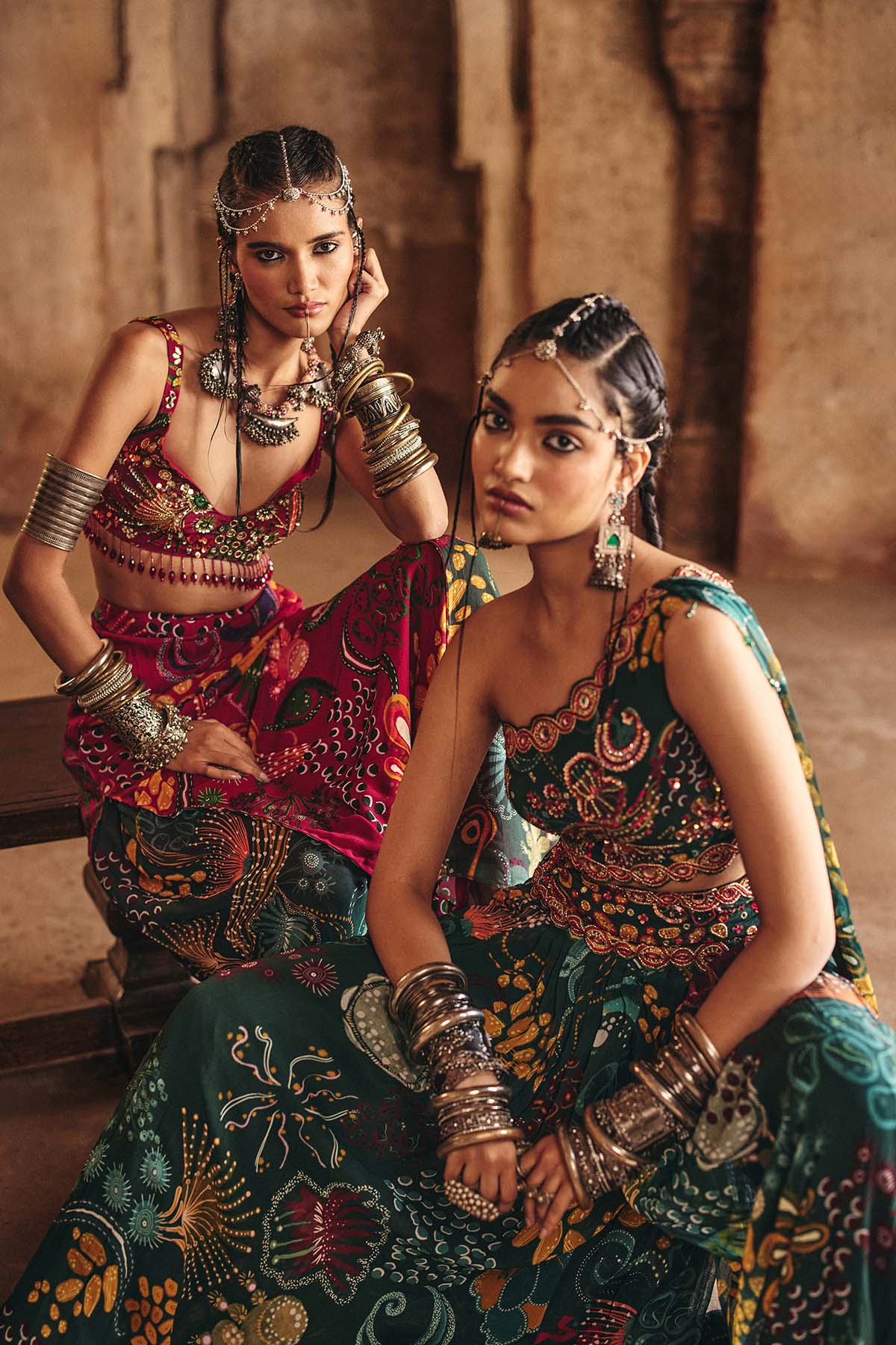 DARK GREEN PRINT AND HIGHLIGHTED PLEATED PANTS SET