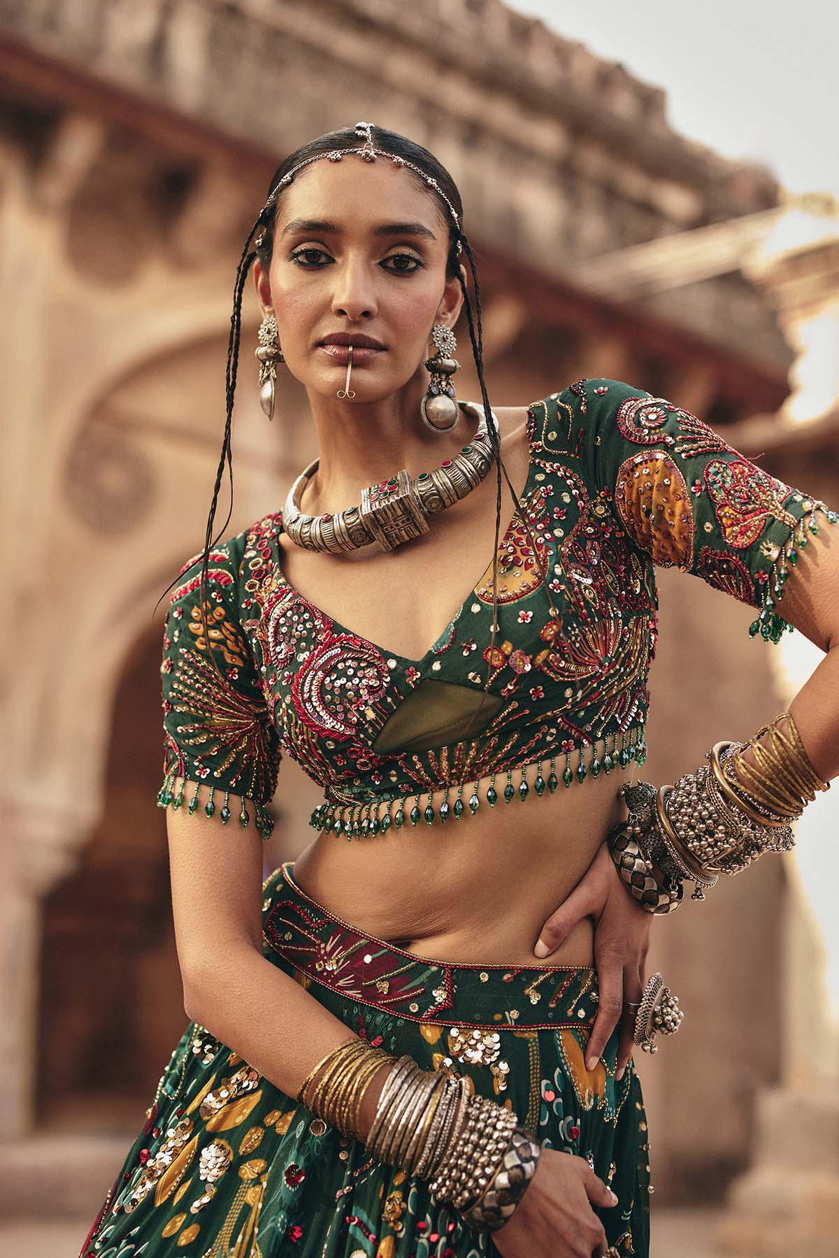 DARK GREEN PRINTED AND HIGHLIGHTED LEHENGA SET