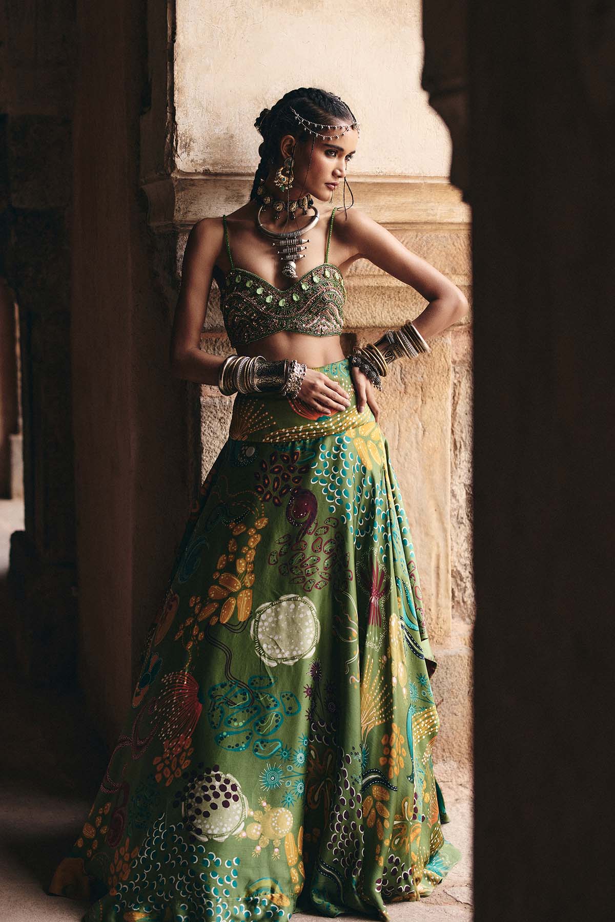 PEAR GREEN EMBROIDERED BLOUSE AND COWL SKIRT SET