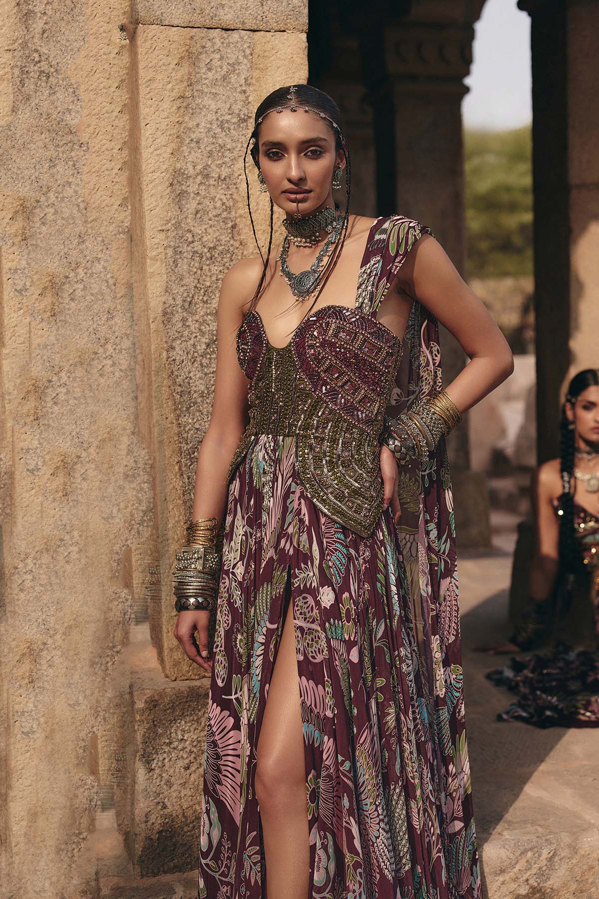 PLUM PRINTED AND EMBROIDERED DRAPE GOWN SAREE