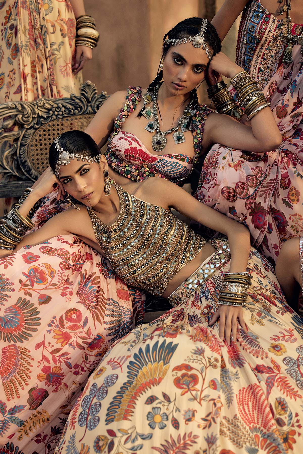 BLUSH PINK STONE EMBROIDERED BLOUSE WITH PRINTED LEHENGA SET