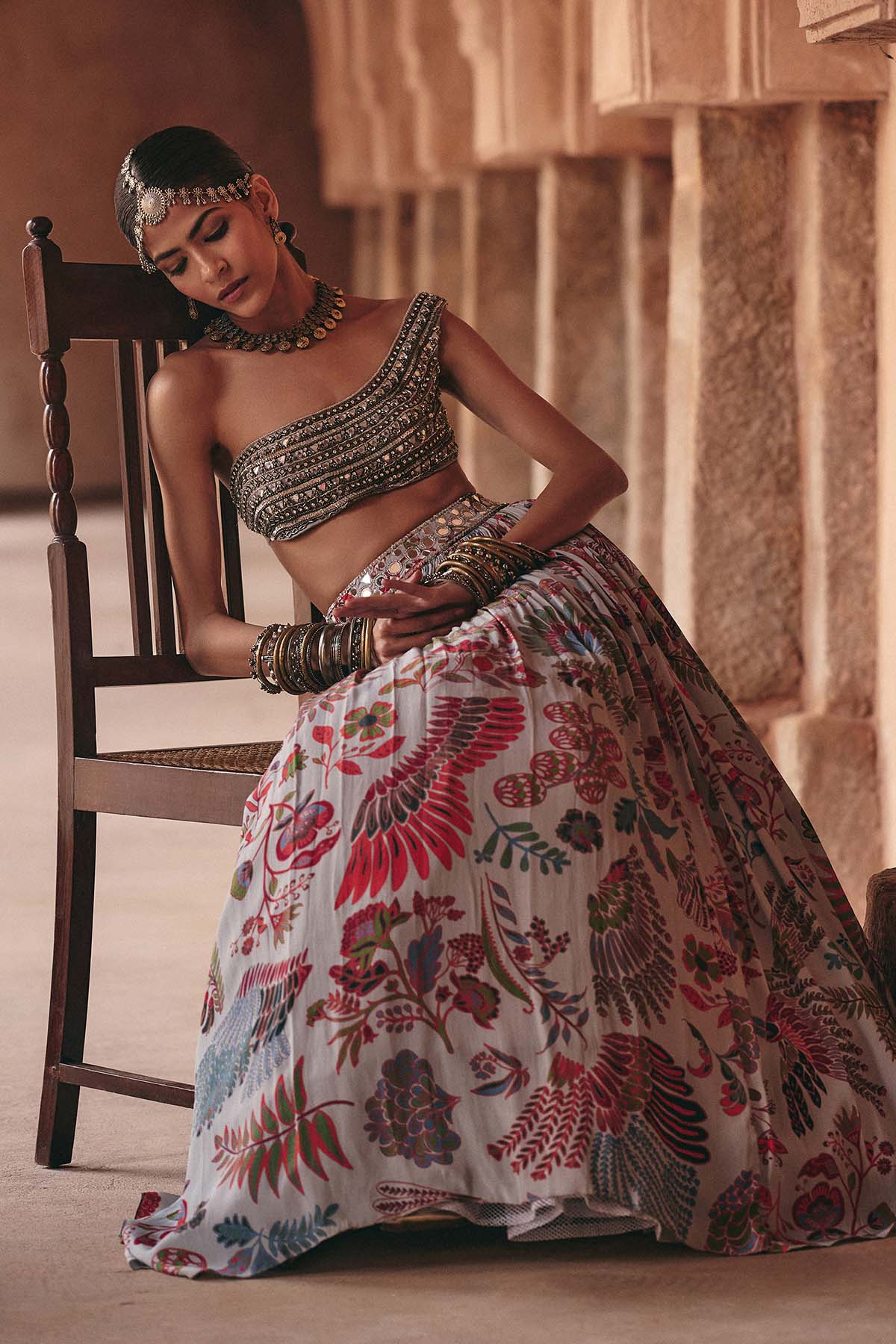 SLATE GREY EMBROIDERED BLOUSE WITH PRINTED LEHENGA SET