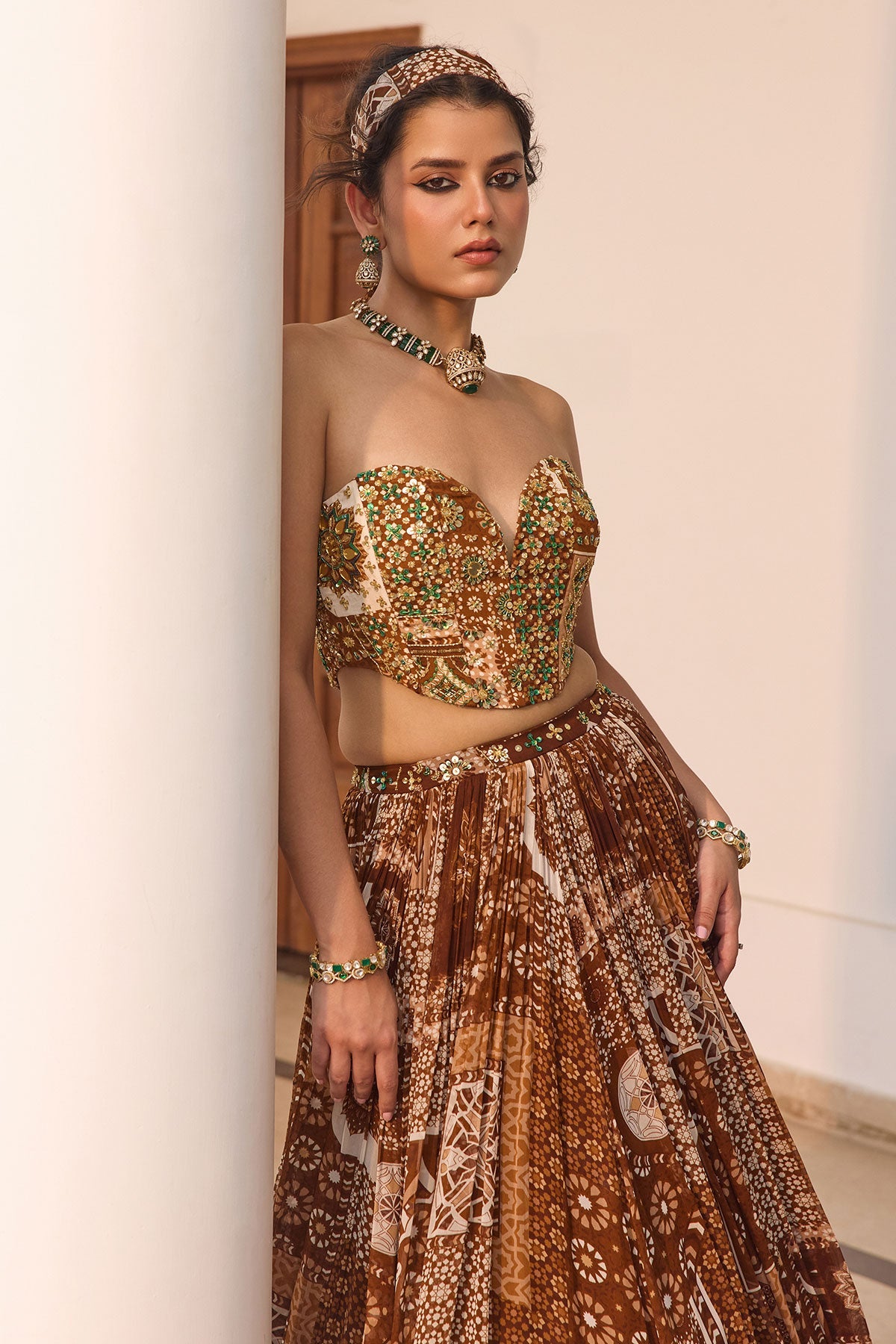 Caramel Print And Highlighted Corset Top With Lehenga Set