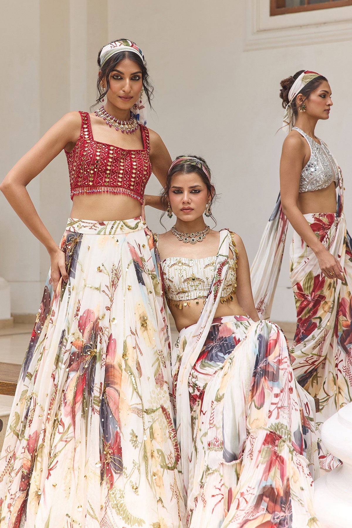 Ivory Floral Print And Highlighted Lehenga Set