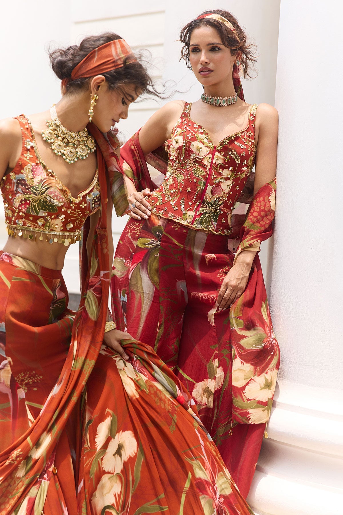 Rust Floral Print And Highlighted Mermaid Saree Set