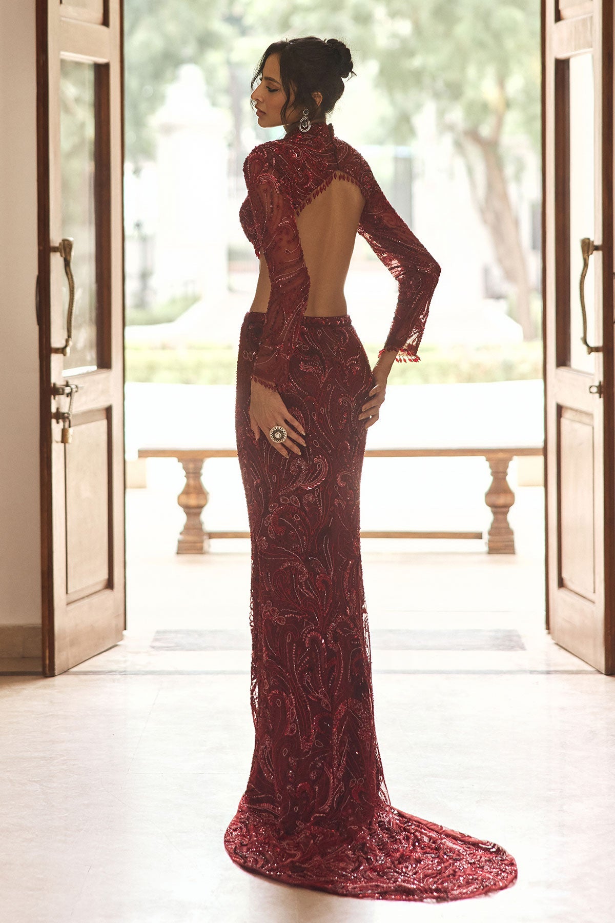 Maroon Embellished Trail Skirt Set