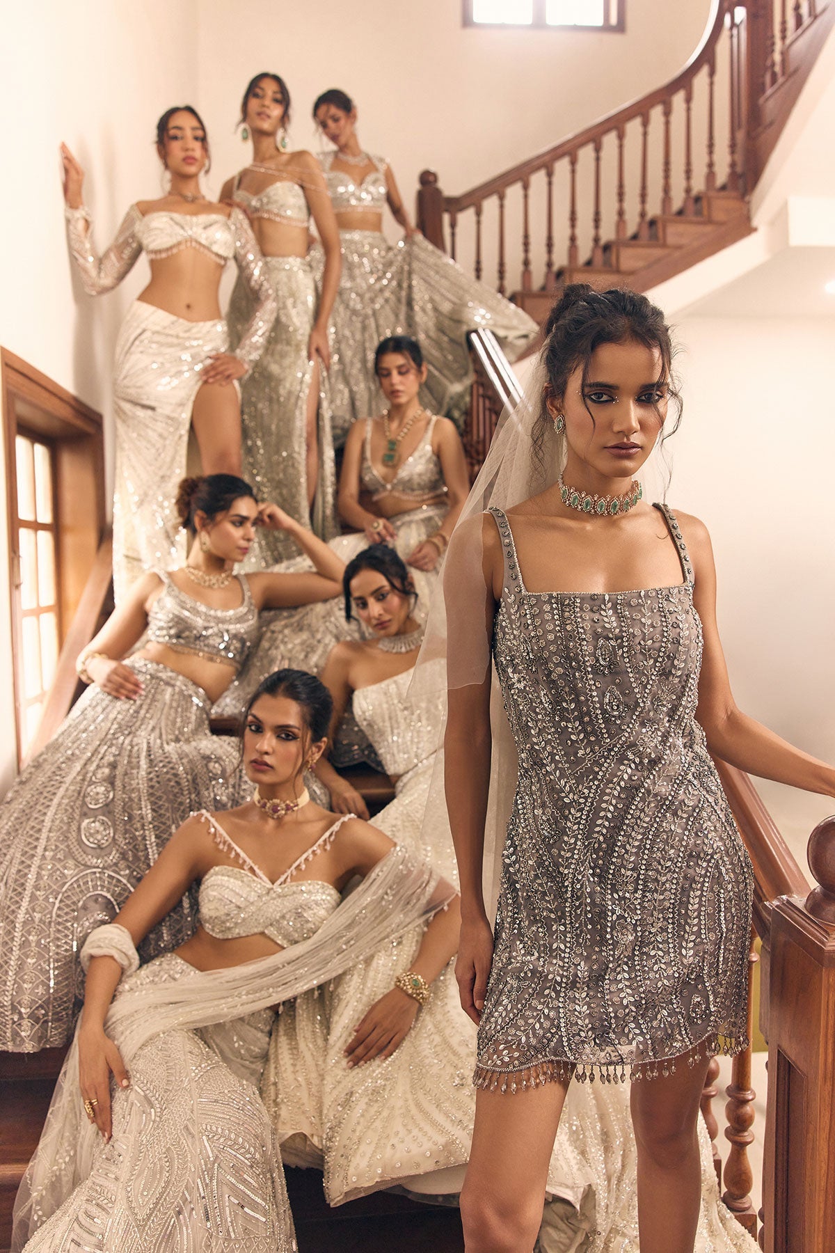 Grey Gunmetal Swirl Embellished Mini Dress