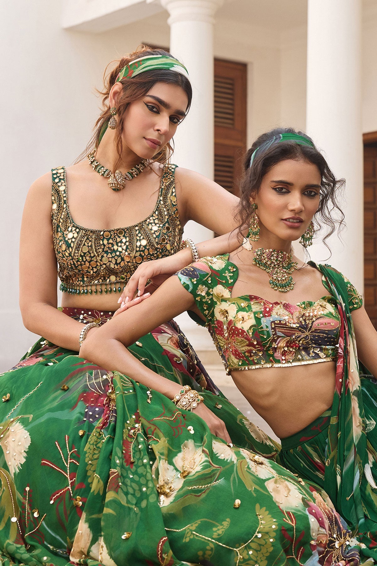 Green Floral Print And Highlighted Lehenga Set