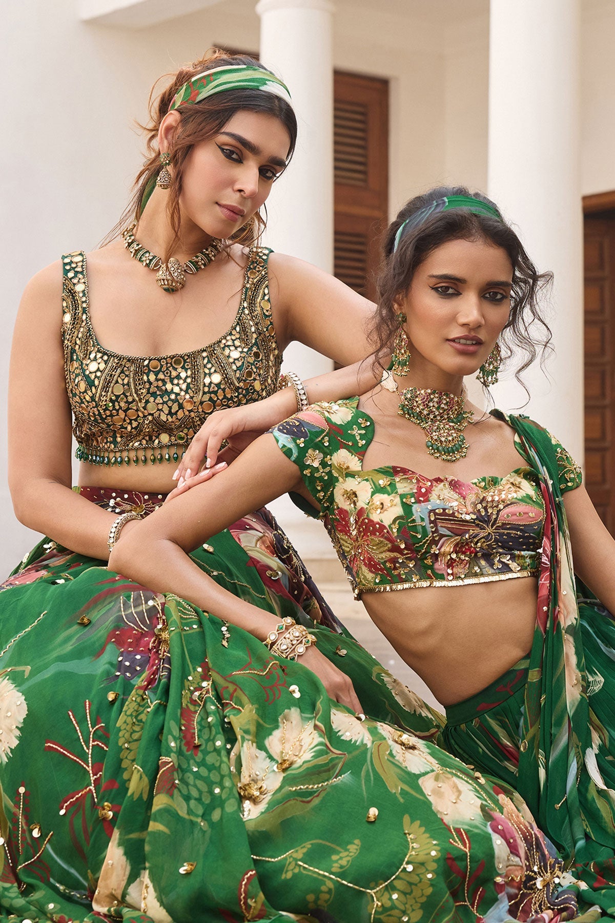 Green Floral Print And Highlighted Skirt Saree Set