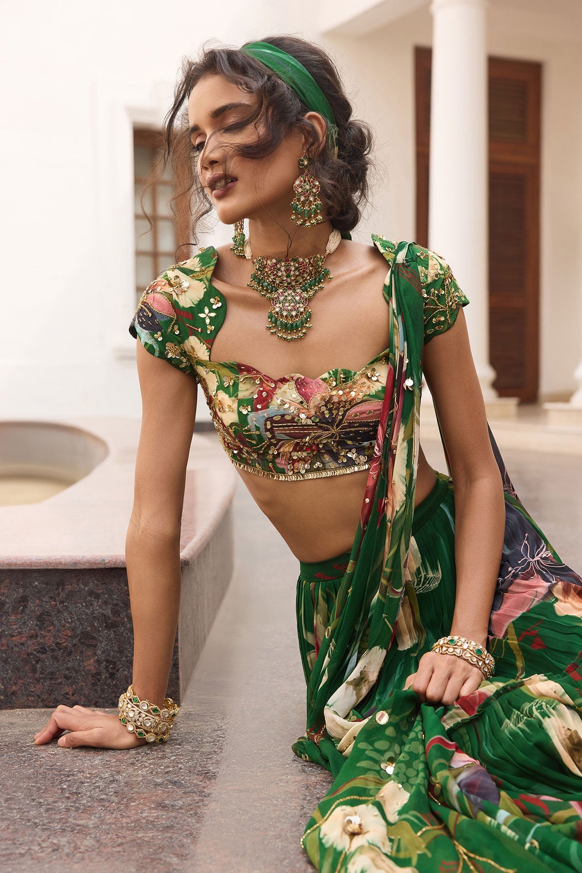 Green Floral Print And Highlighted Skirt Saree Set
