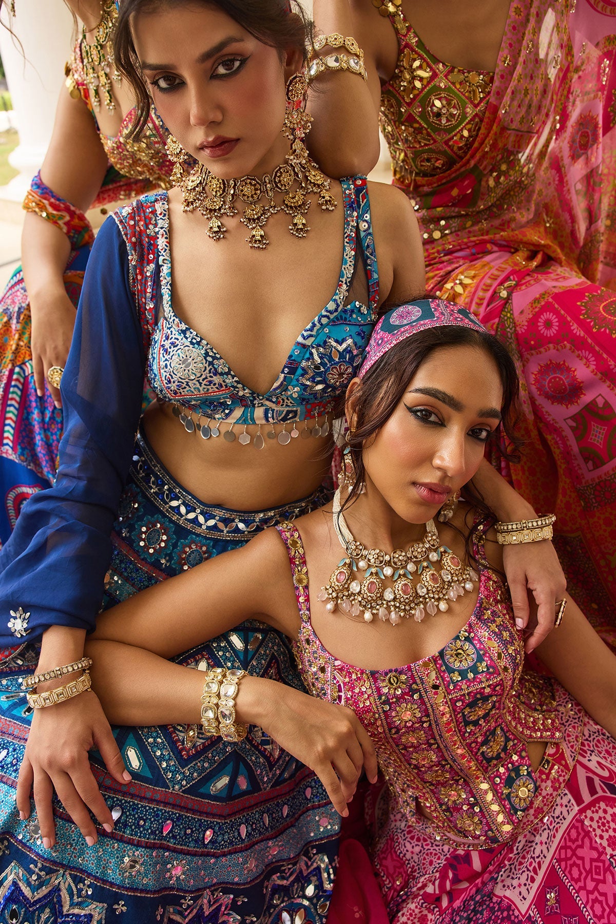 Fuschia Print And Highlighted Corset Blouse Lehenga Set