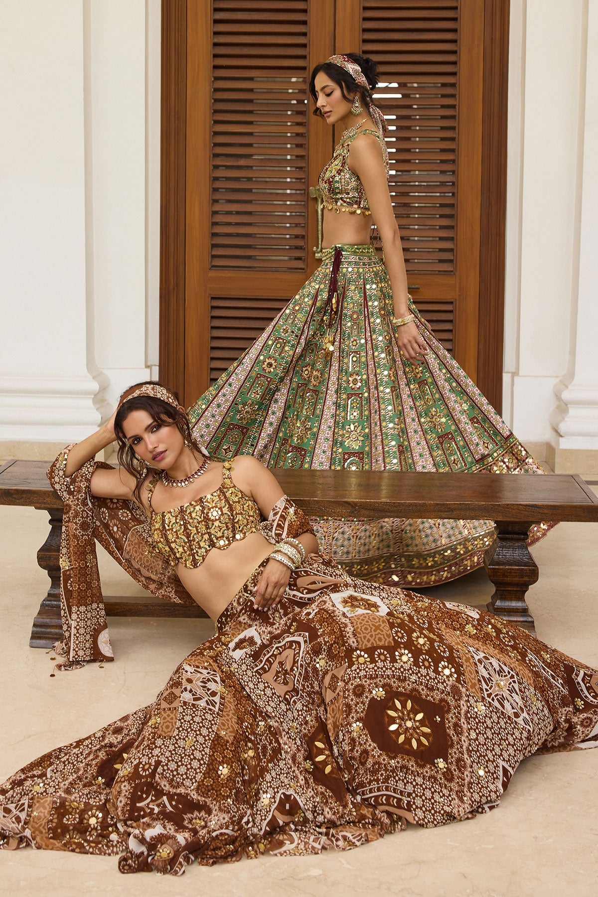 Caramel Print And Highlighted Scallop Blouse Lehenga Set