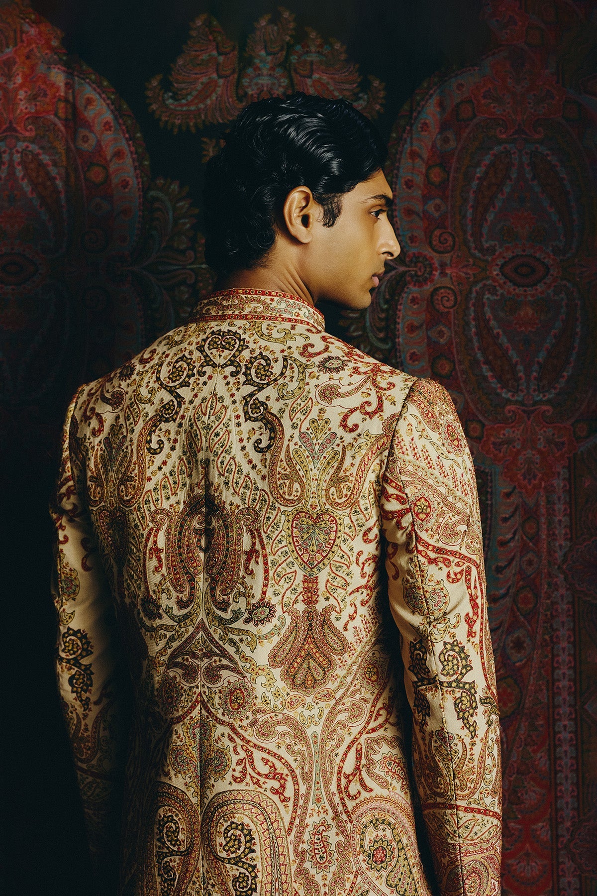 Saffron Kashida Open Jacket with Short kurta and Trouser set