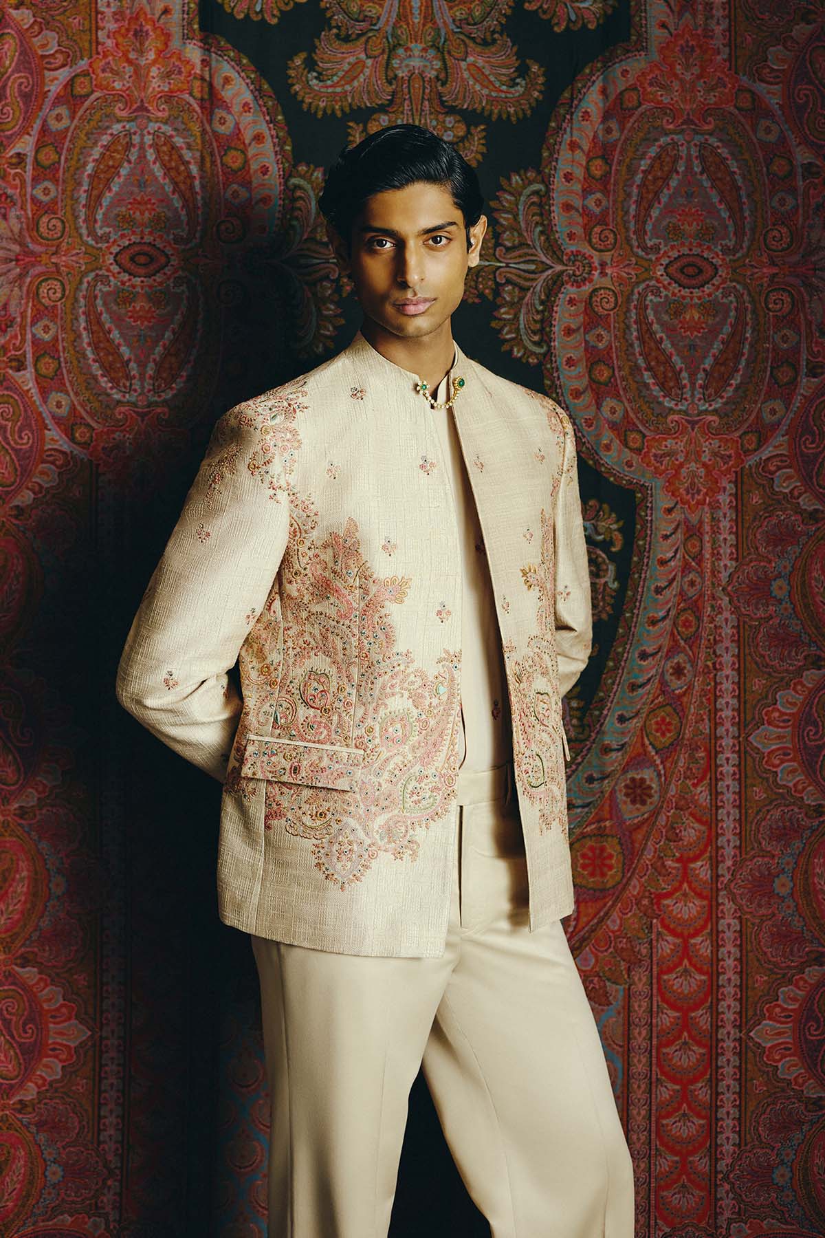 Nocturne Kashida Open Jacket with Shirt & Pant Set