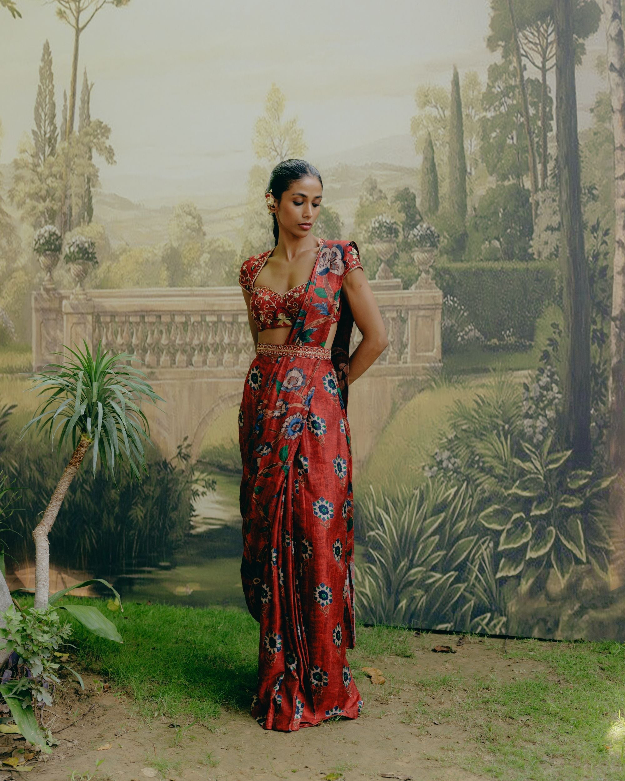 Ruby red pre draped saree