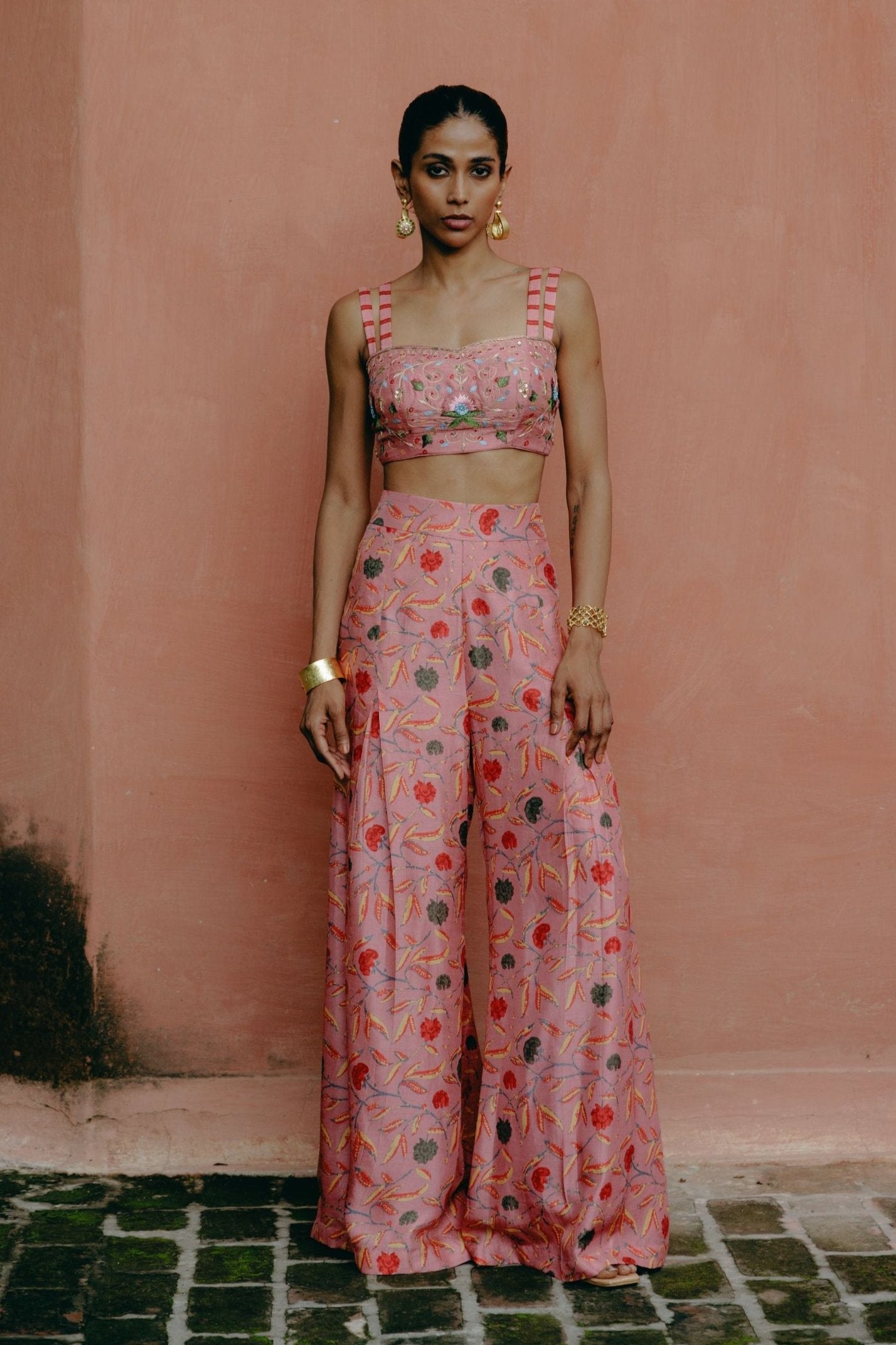 Dusty rose crop top + pleated pants