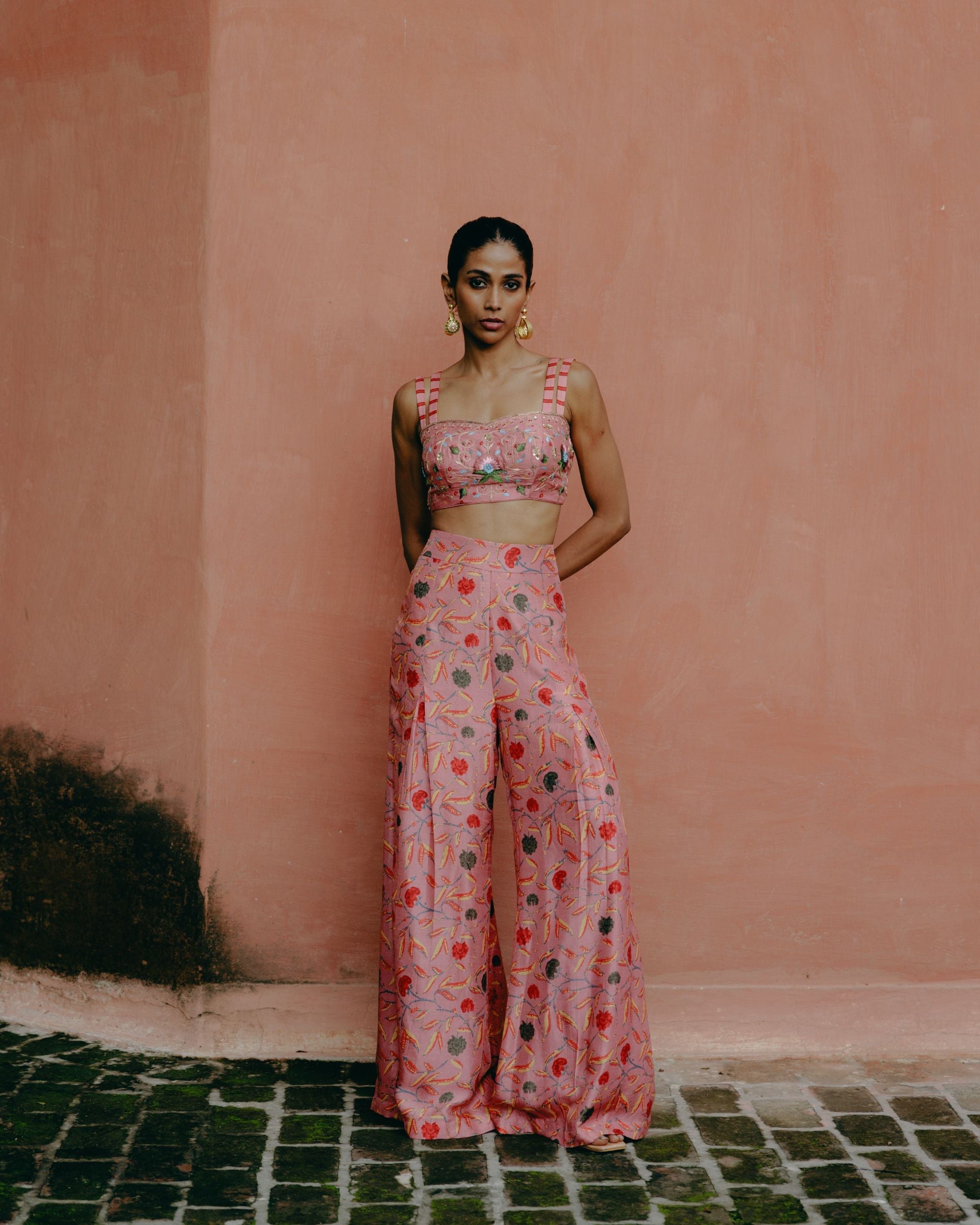 Dusty rose crop top + pleated pants