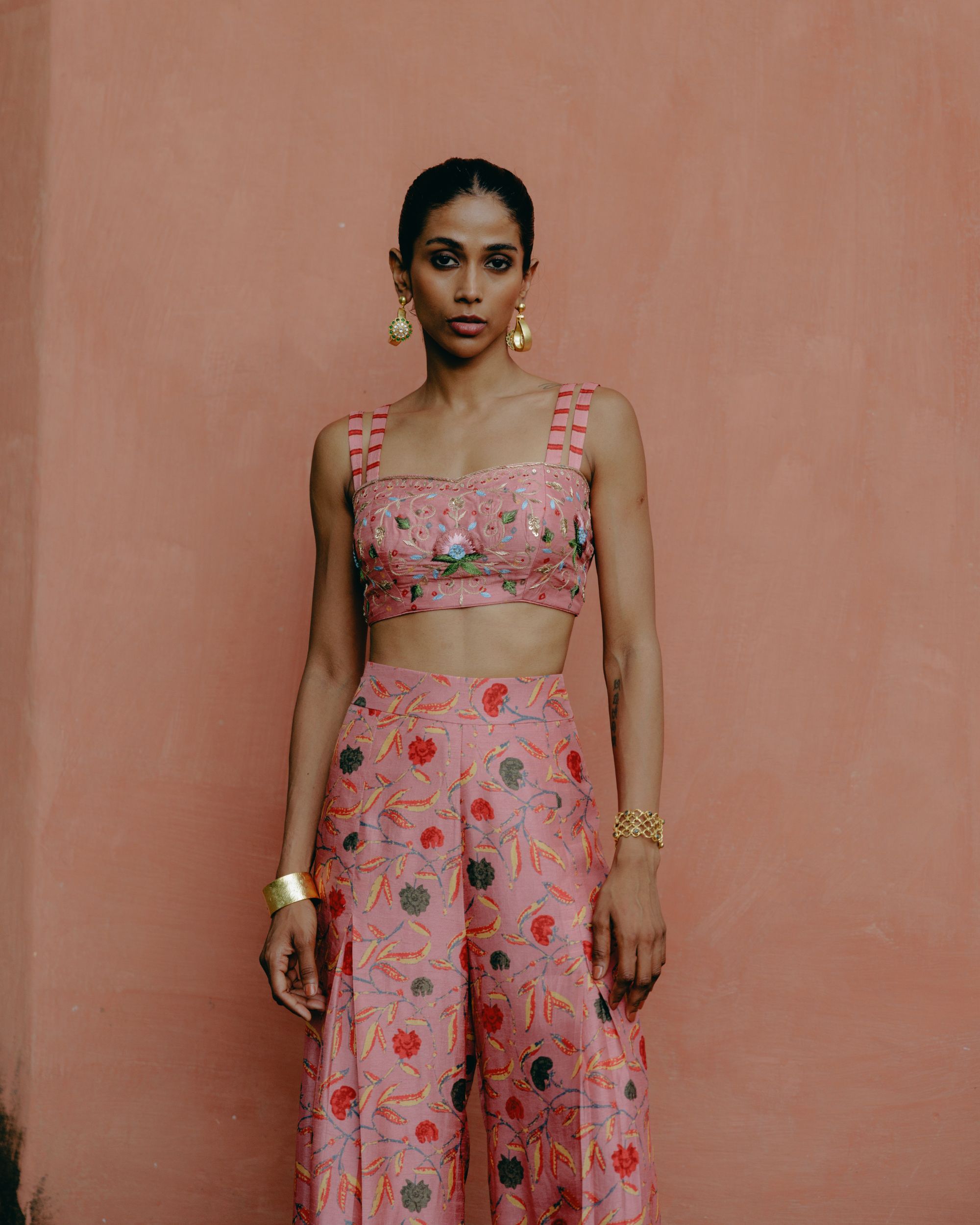 Dusty rose crop top + pleated pants