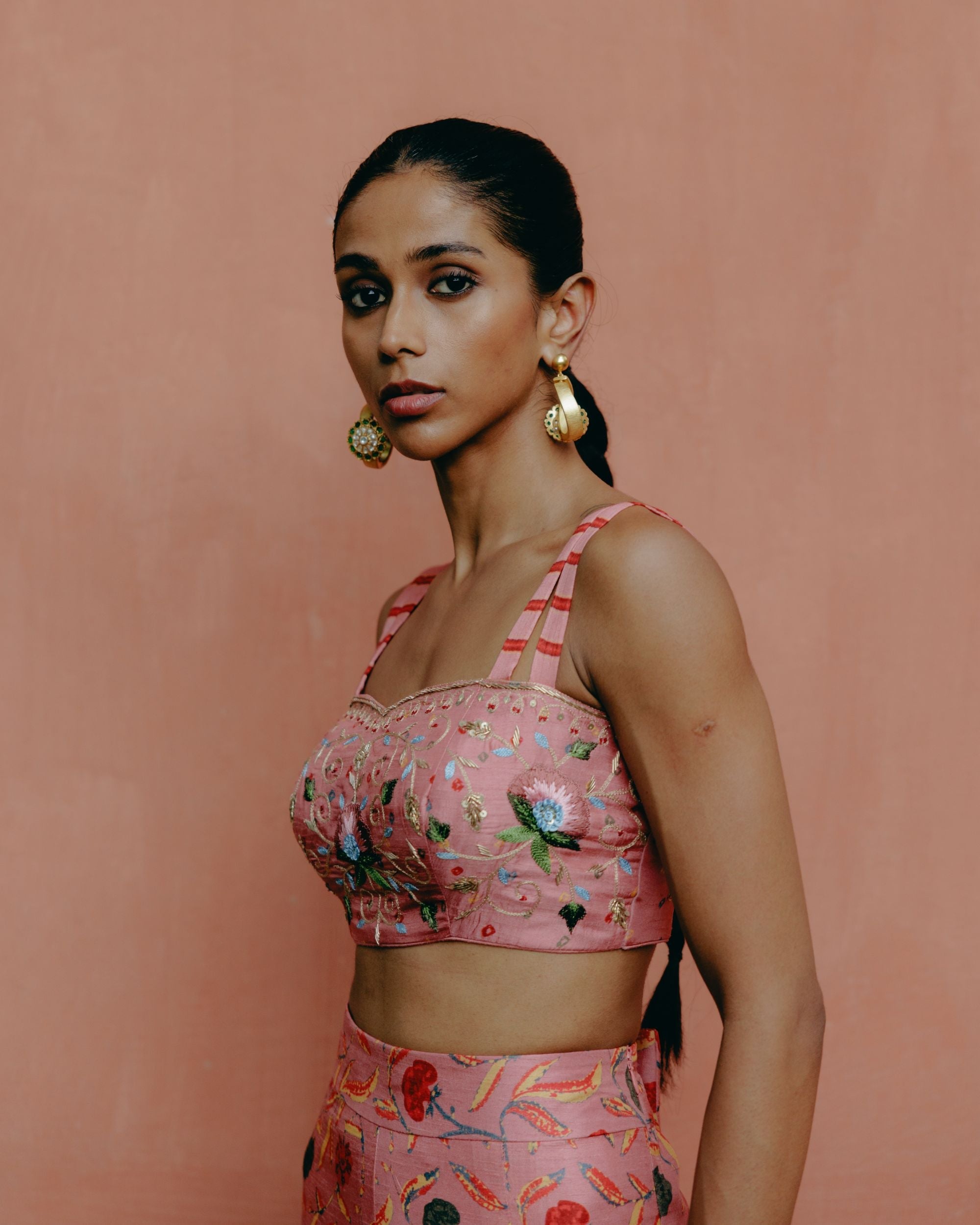 Dusty rose crop top + pleated pants