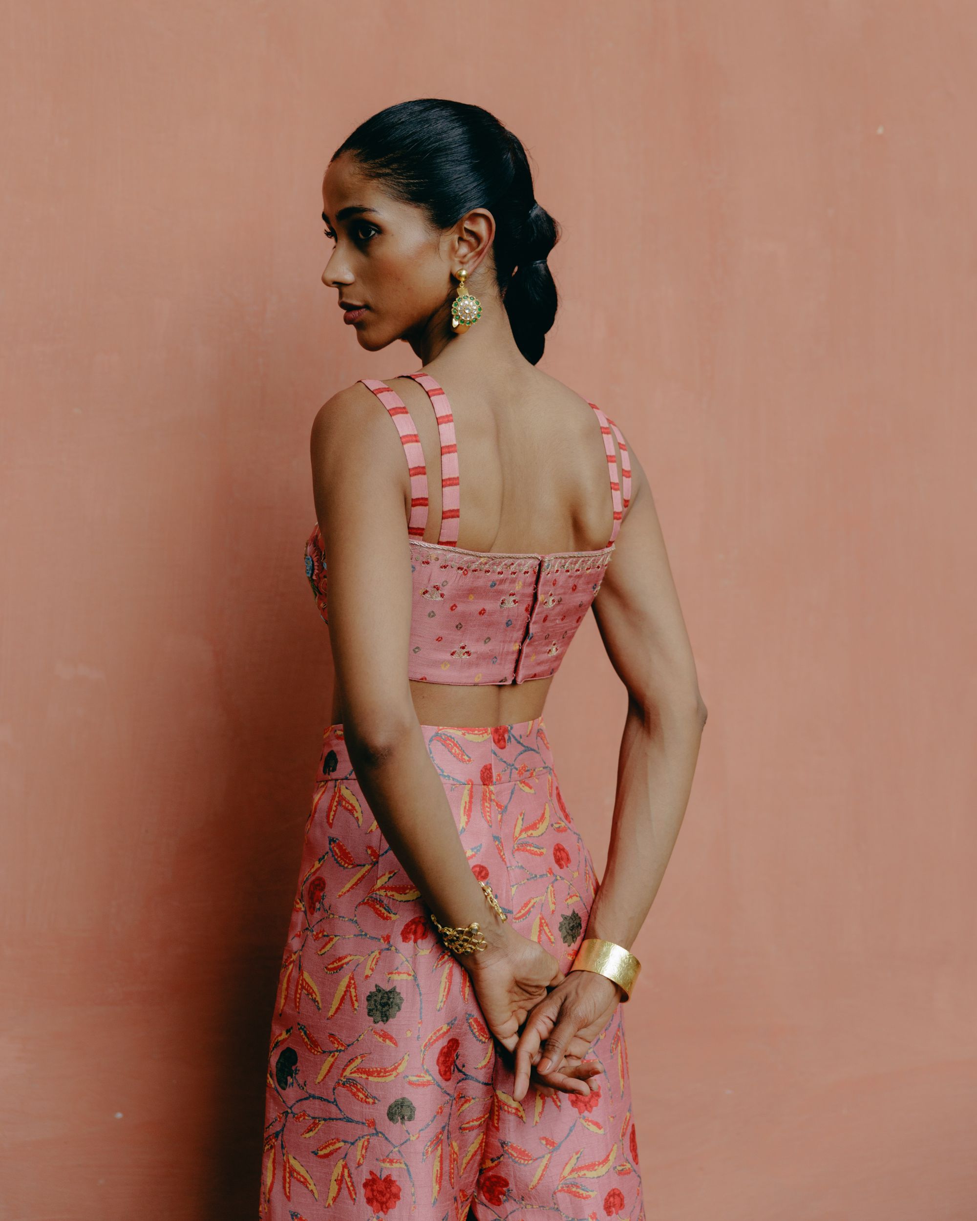 Dusty rose crop top + pleated pants