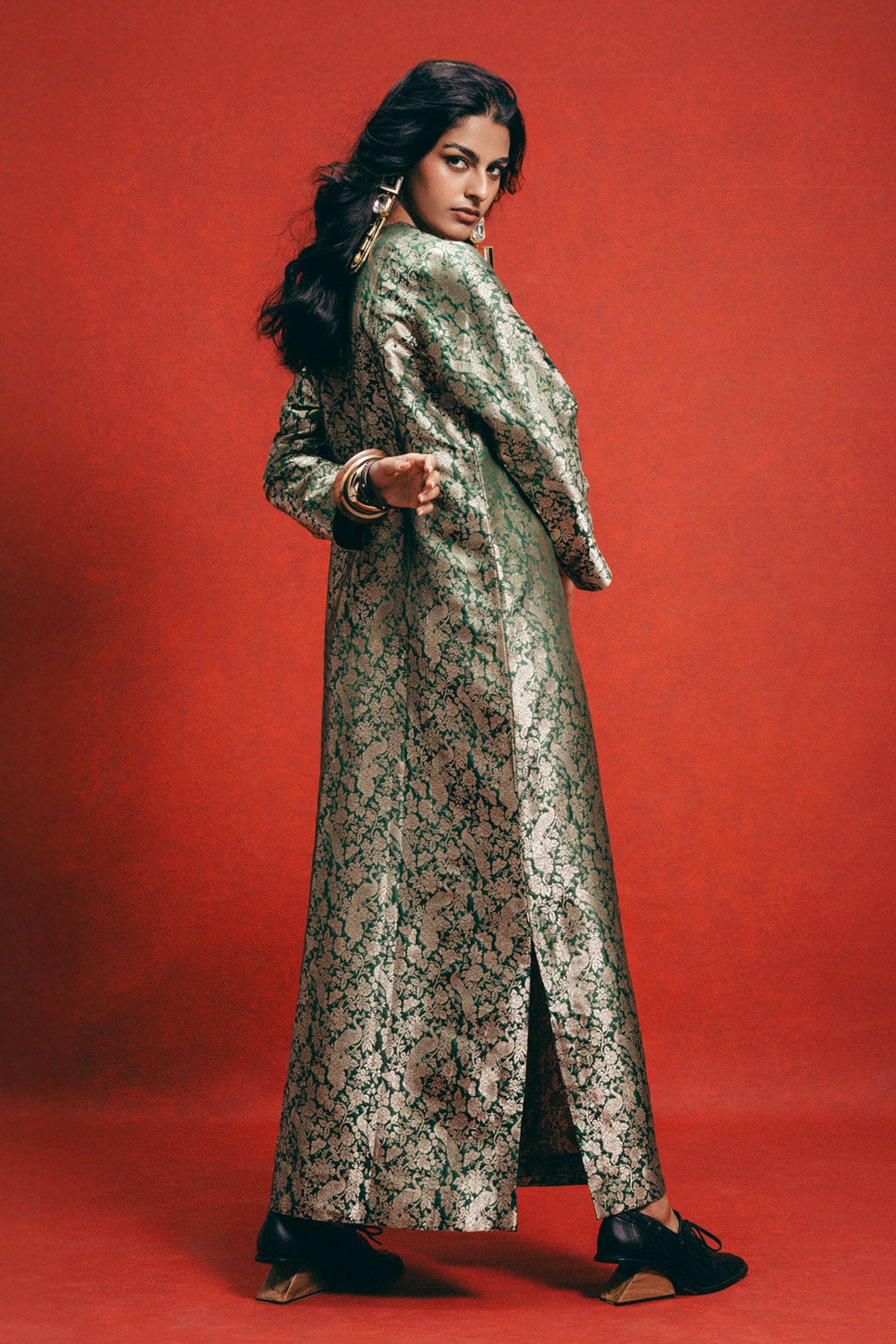 Handwoven Sage Green Banarasi Kaftan