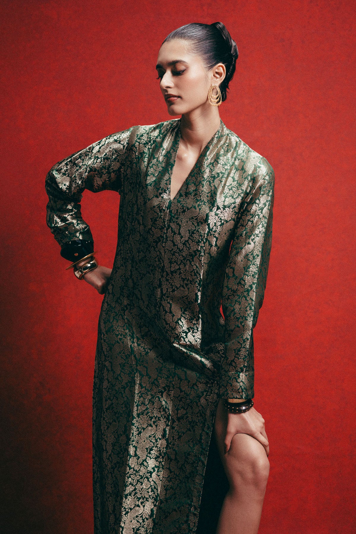 Handwoven Olive Green Banarasi Kaftan