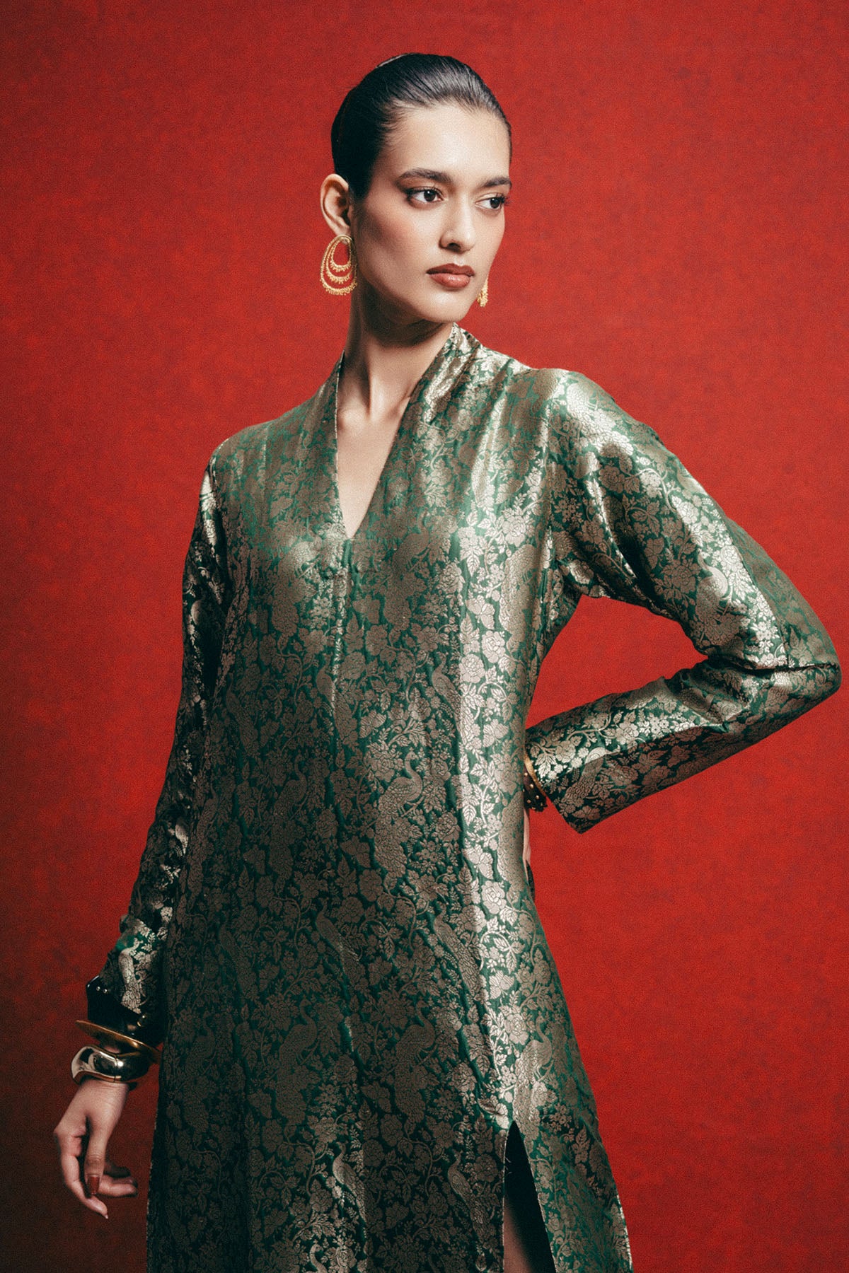 Handwoven Olive Green Banarasi Kaftan