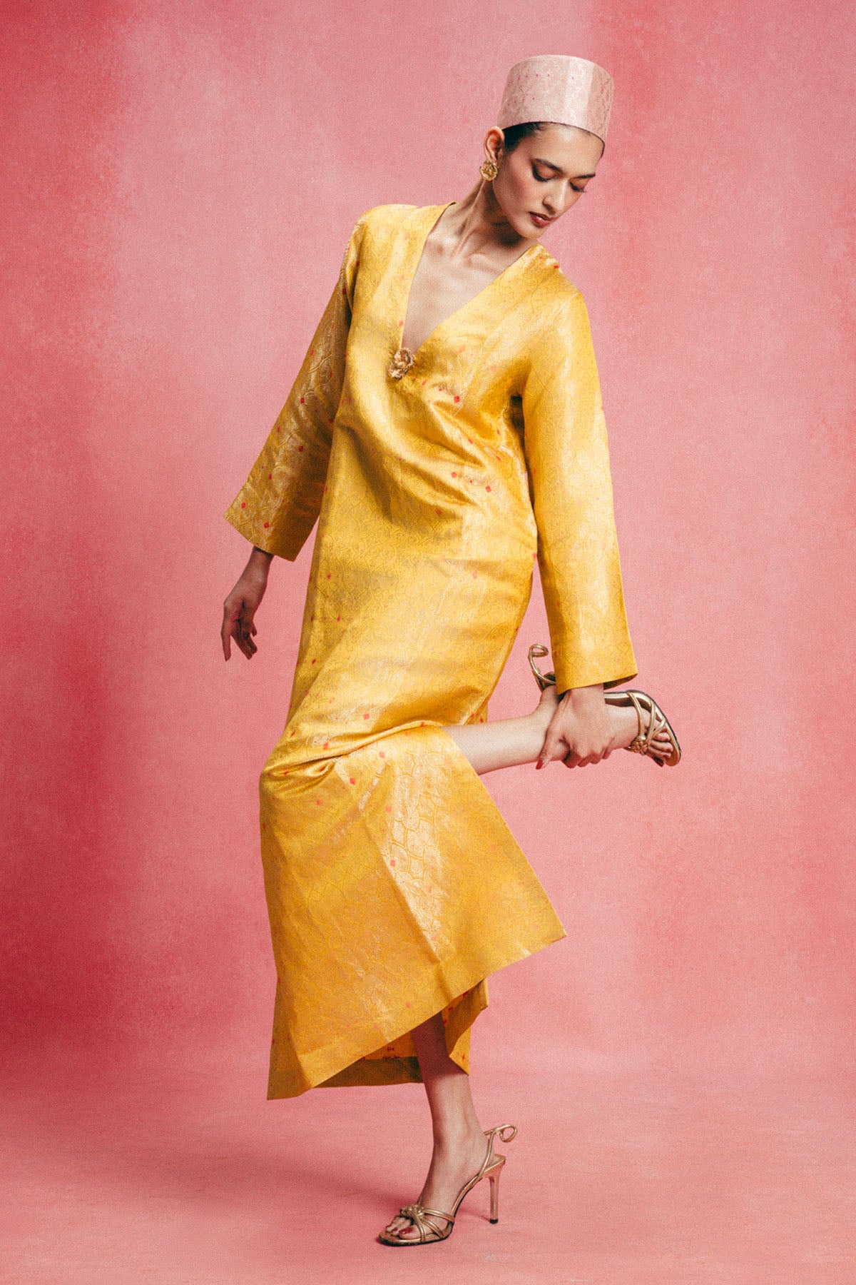 Handwoven Mustard Yellow Banarasi Kaftan