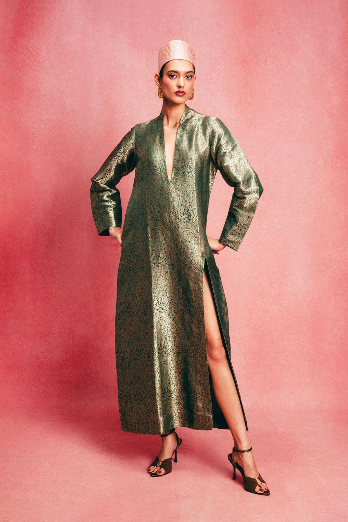 Handwoven Emerald Green Banarasi Kaftan