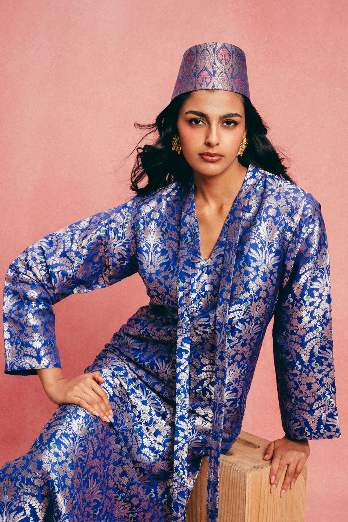 Handwoven Royal Blue Banarasi Kaftan