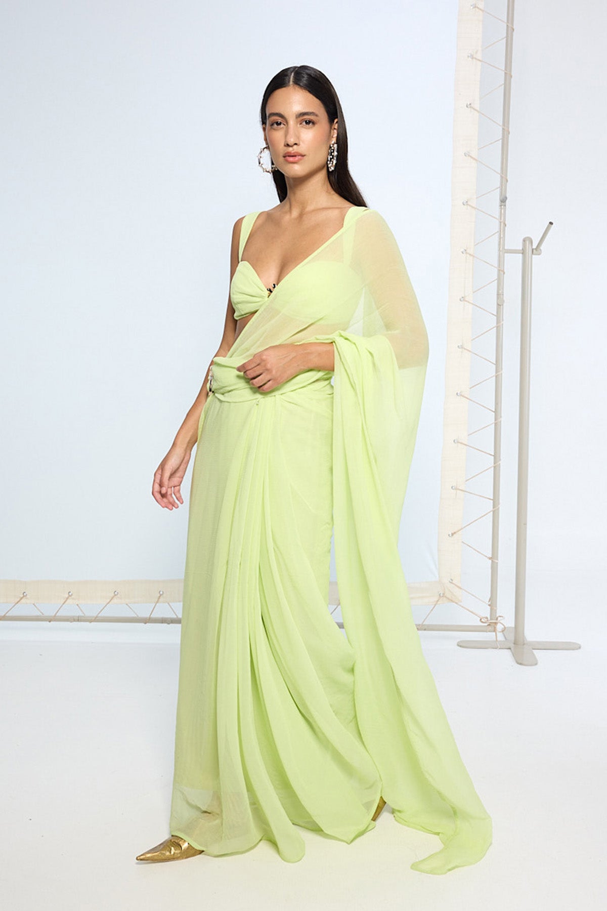 Lime Green Brooch Saree