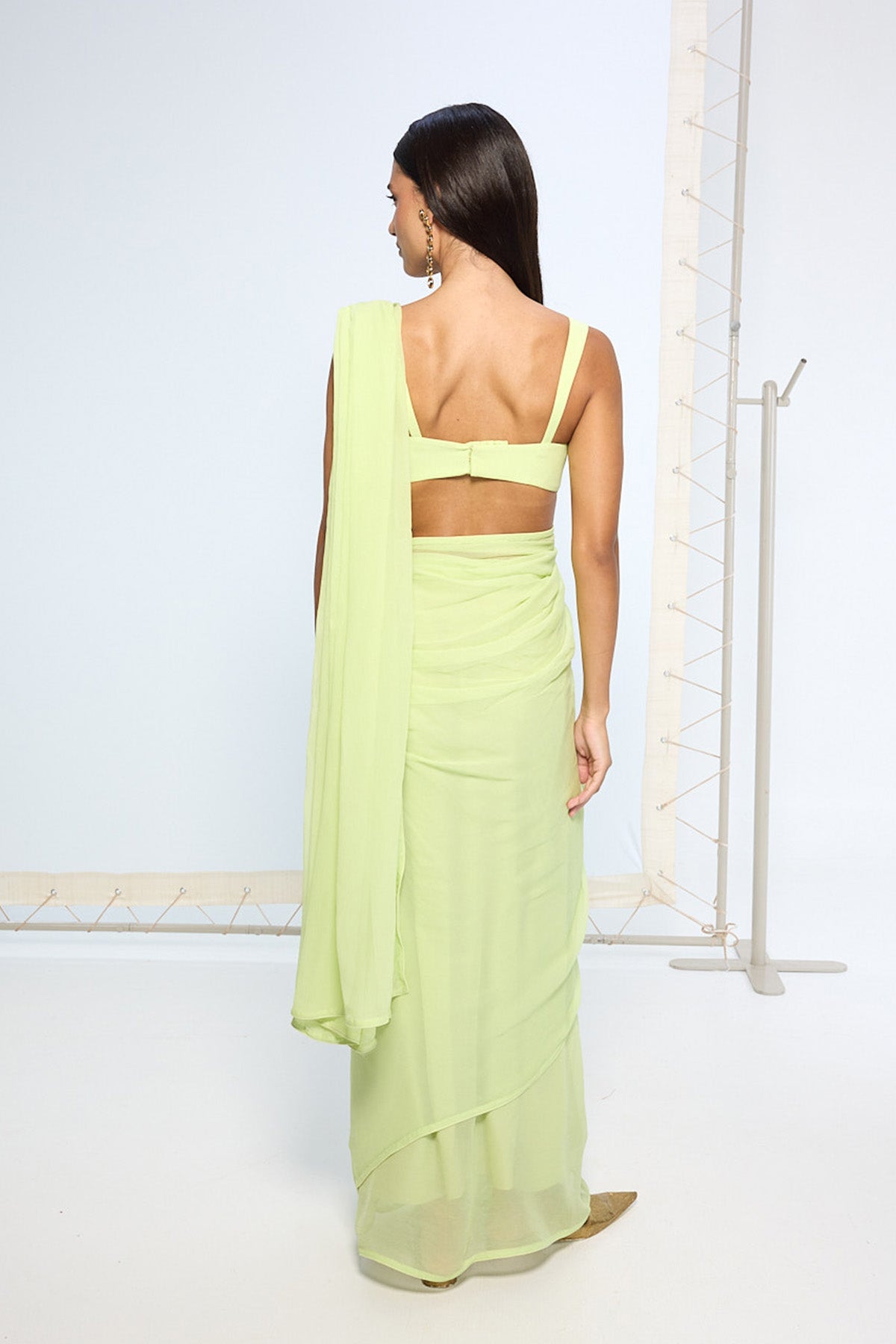 Lime Green Movable Brooch Saree