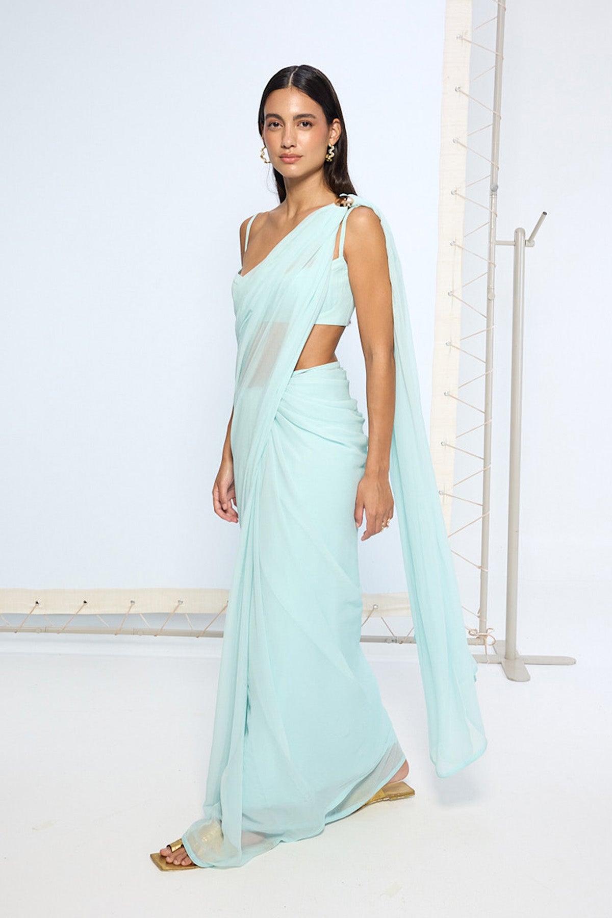 Ice Blue Movable Brooch Saree