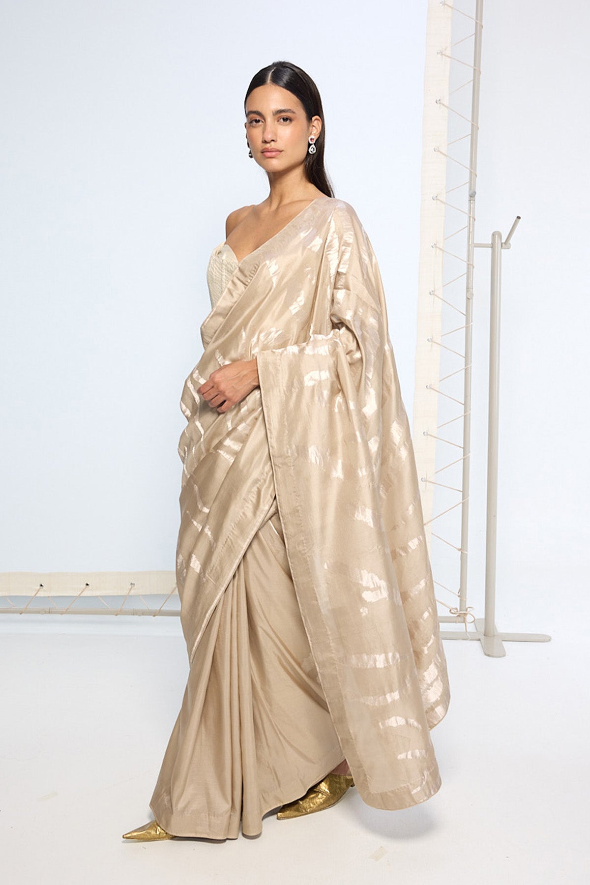 Handwover Beige Silk Sari