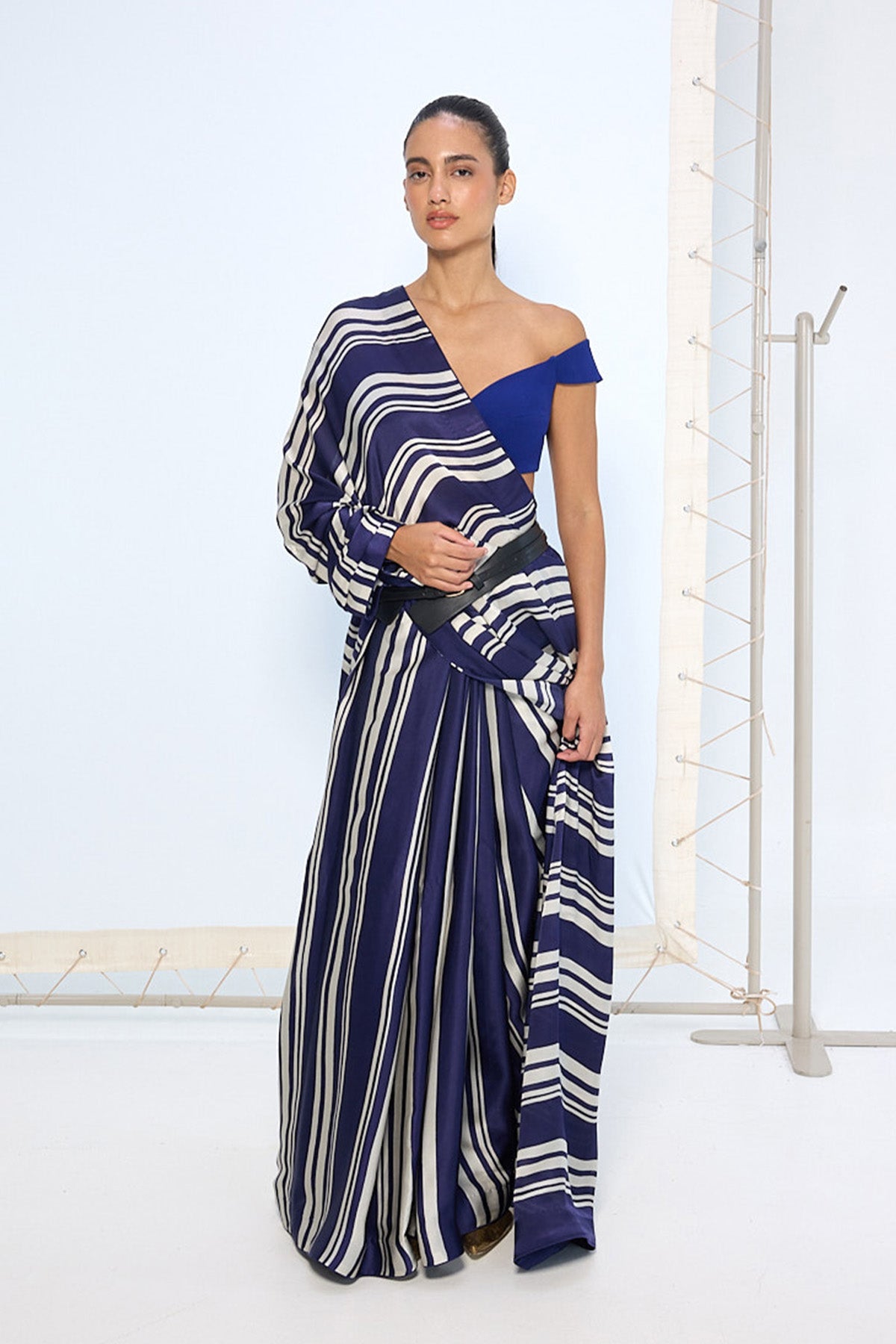 Navy Striped Printed Saree