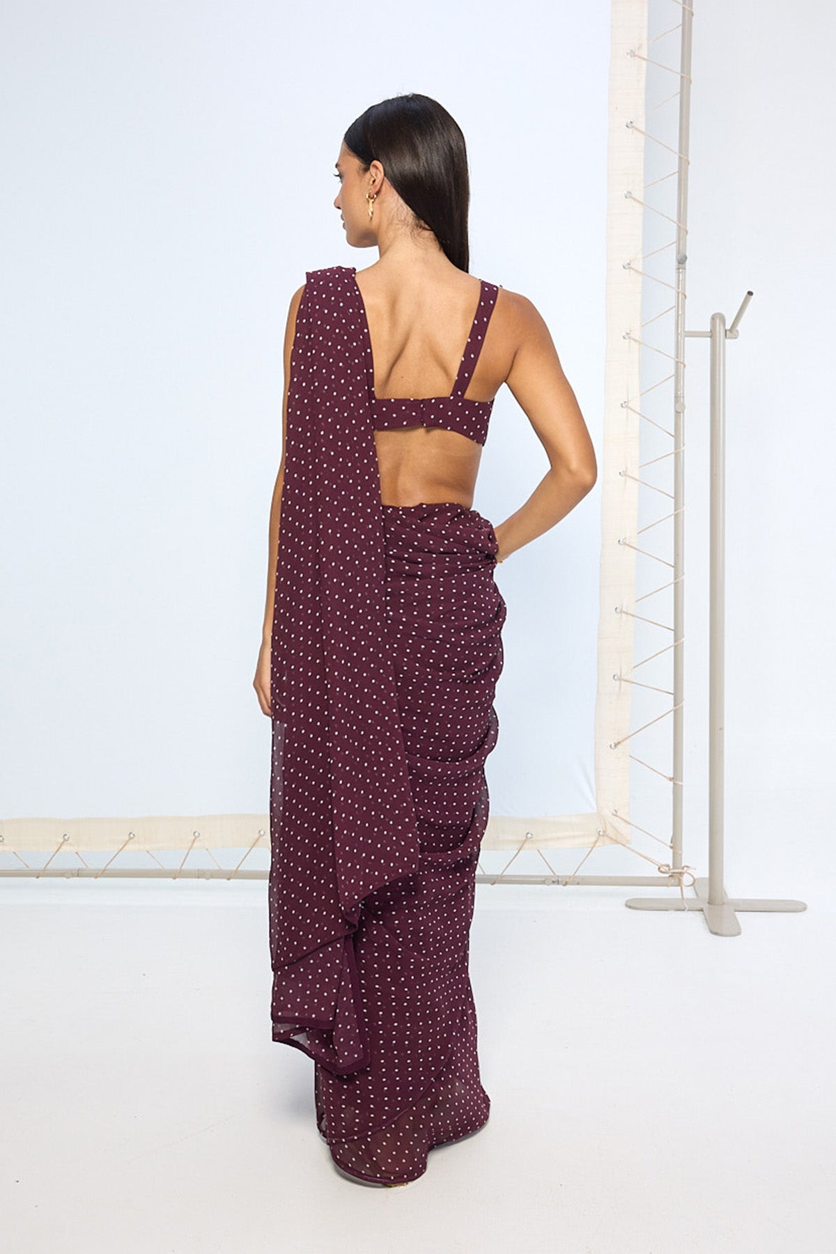 Maroon Movable Brooch Dotted saree