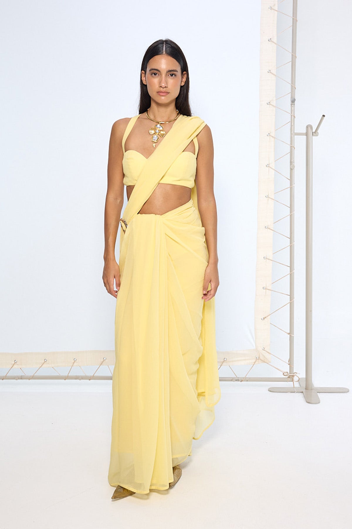 Yellow Brooch Saree