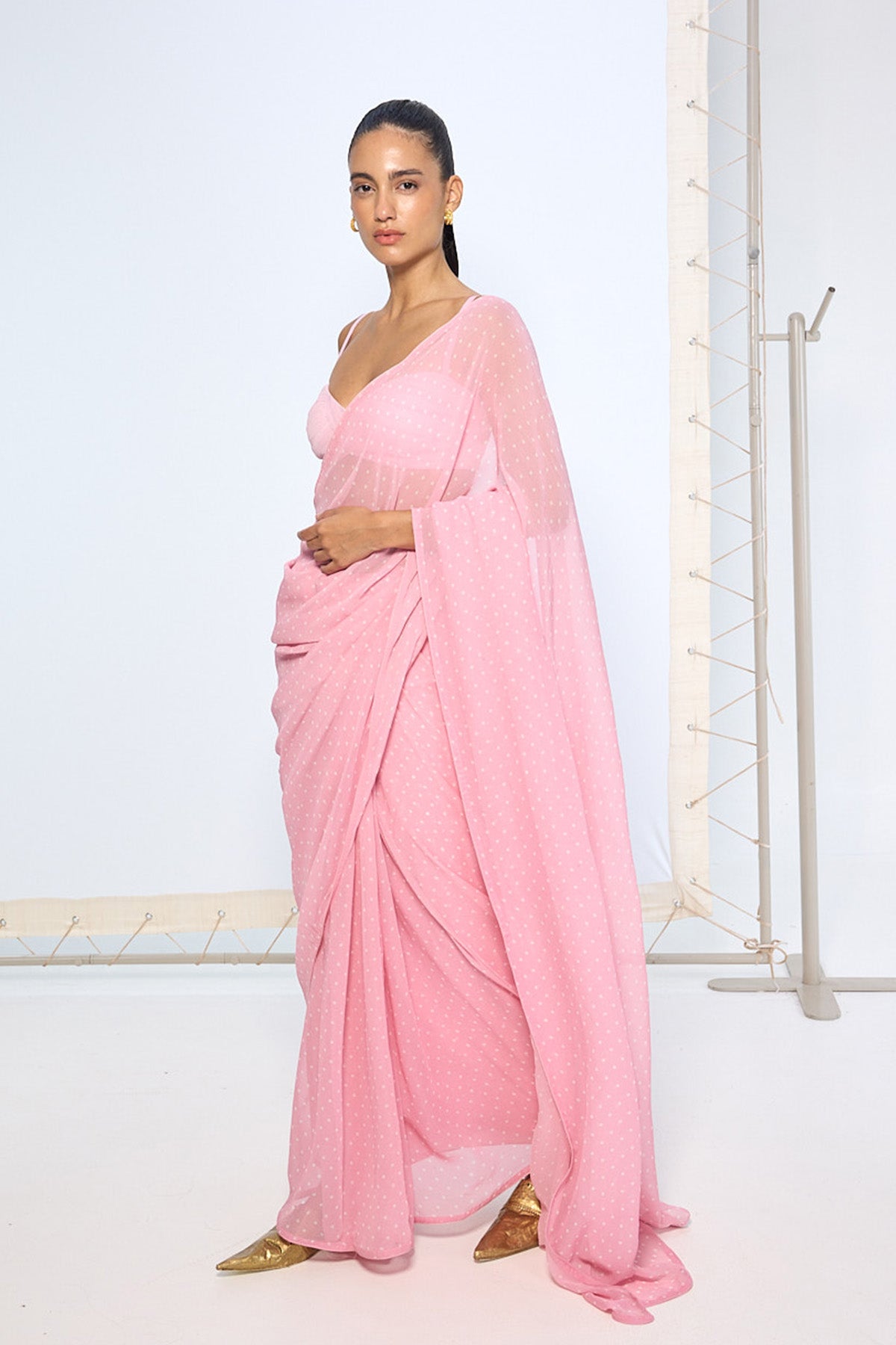 Strawberry Pink Polka Dotted Saree