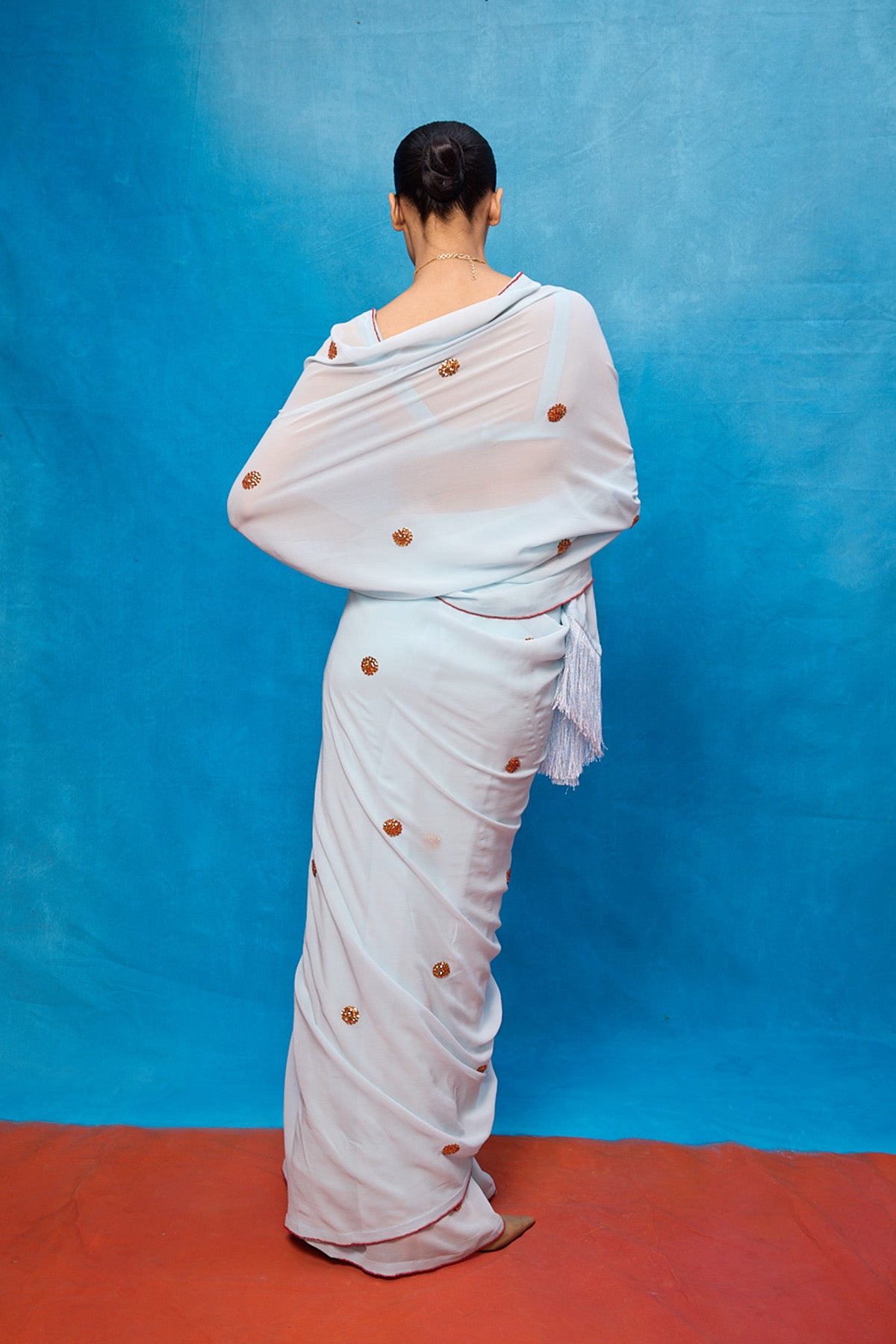 Handwoven Ice Blue Georgette Embroidered Saree