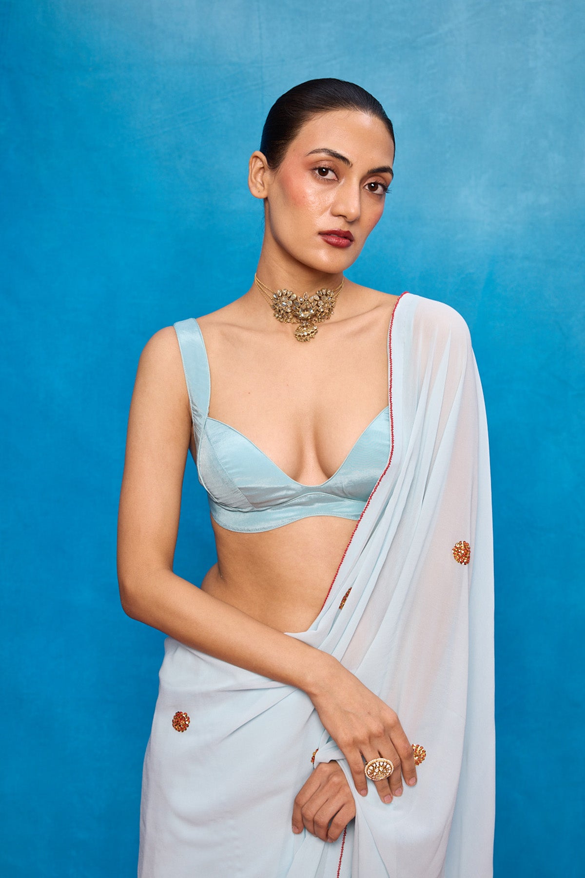 Handwoven Ice Blue Georgette Embroidered Saree