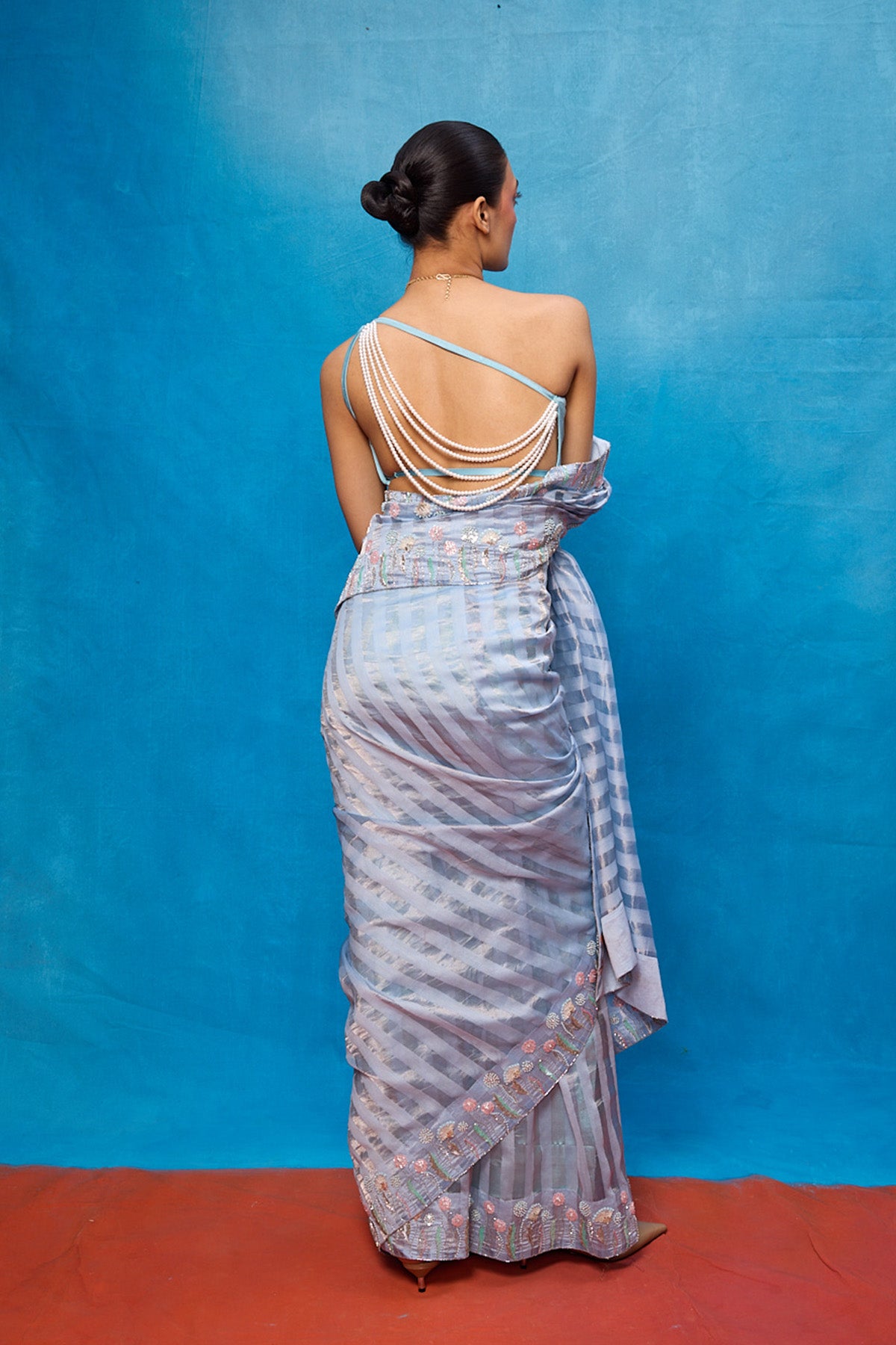 Handwoven Ice Blue Tissue Embroidered Saree