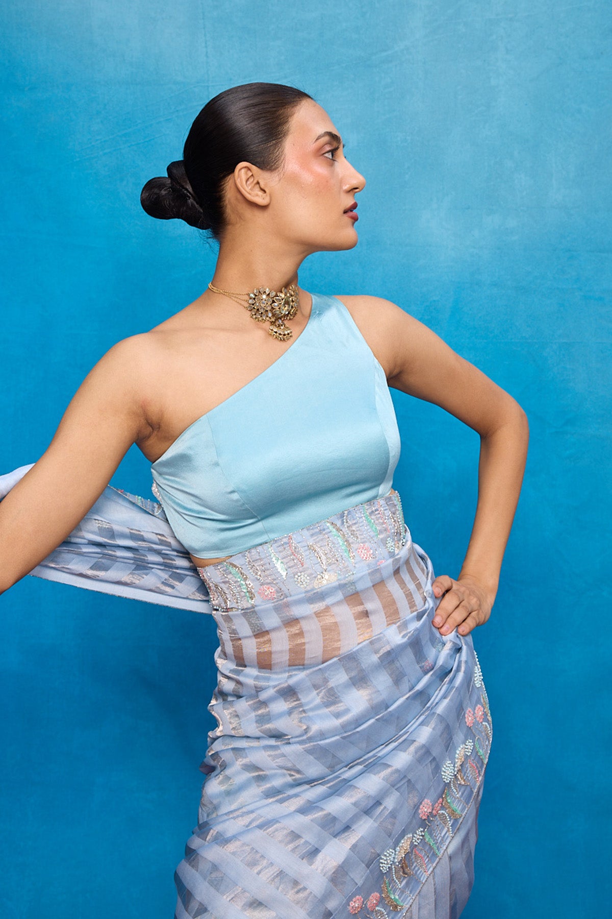 Handwoven Ice Blue Tissue Embroidered Saree