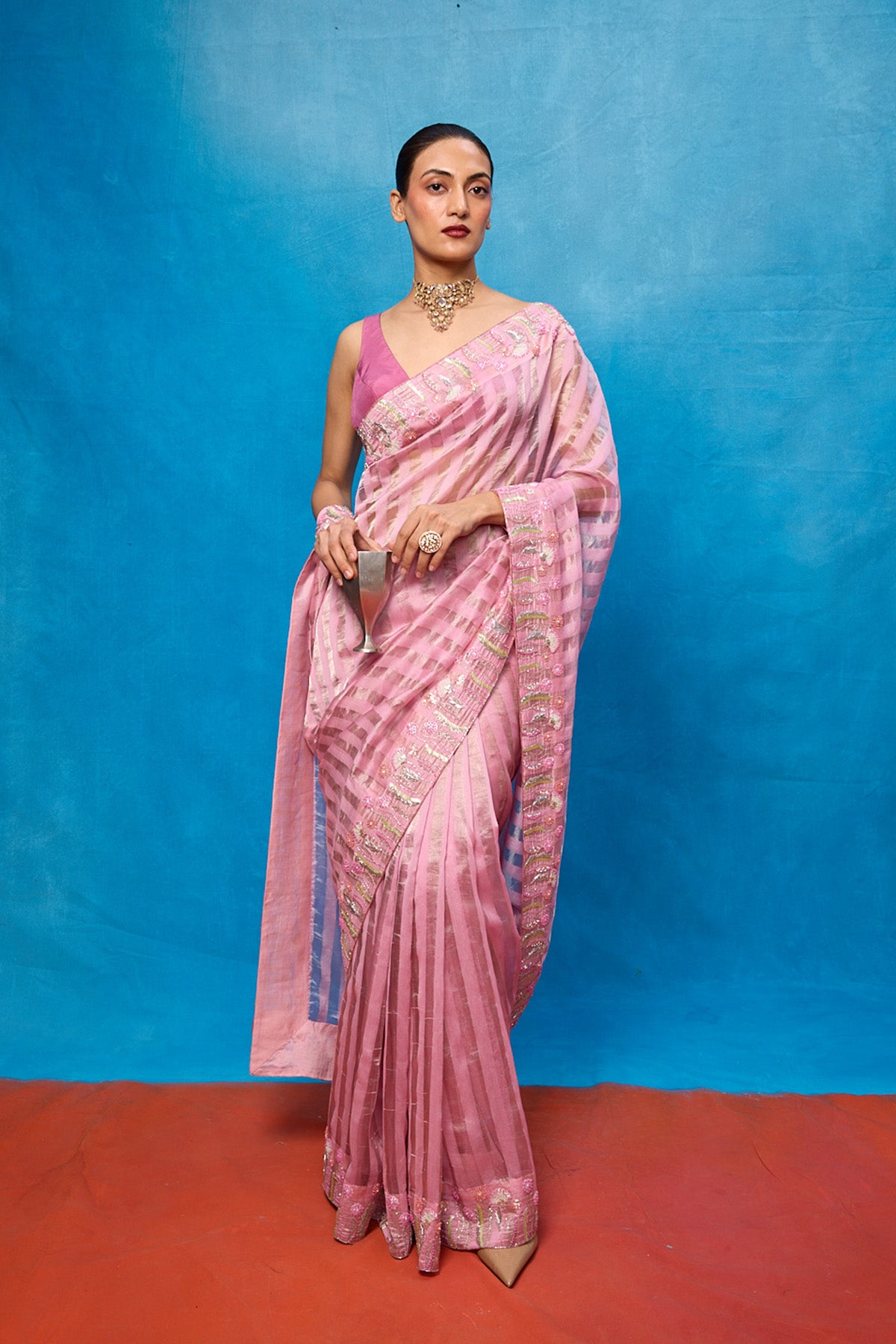 Handwoven Pink Tissue Embroidered Saree