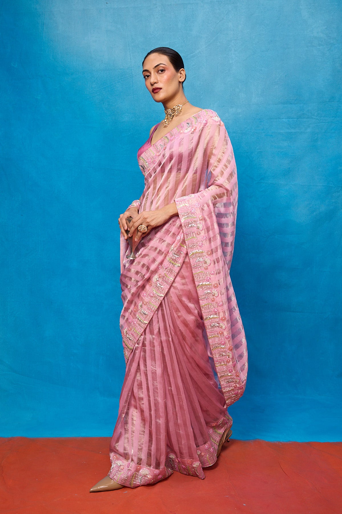 Handwoven Pink Tissue Embroidered Saree