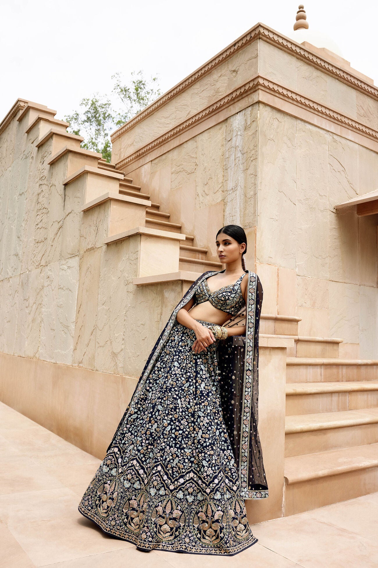 QAINAAT ZARDOZI & RESHAM SILK LEHENGA - NAVY BLUE